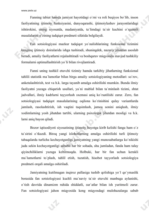 higa yo`l qo`ymaslik borasida fan sotsiologiyasi kuchli ma`naviy ta`sir etuvchi manbaga aylanishi, o`tish davrida dinamizm ruhida shiddatli, sur`atlar bilan ish yuritmoіi zarur. fan sotsiologiyasi jahon miqyosida keng miqyosdagi mulohazalarga sabab bo`lmoqda. ayniqsa, 1970 yillardan boshlab a.a. zvorыkin (rossiya) bu muammolarni hal qilishga ko`p urindi. lekin totalitar rejim, ijtimoiy-siyosiy munosabatlardagi byurokratizm oqibatida bu masalalar hal etilmay qoldi. vaholanki, turli xil muammolarni sosiologik o`rganish natijalaridan hozirgi kunda ham, bozor munosabatlari sharoitida unumli foydalanish mumkin. ijtimoiy-psixologik muammolar ilmiy jamoa va muassasalar doirasida hal qilinishi lozim. jamoa va individual mehnat qilish, ilmiy faoliyatda ilmiy xodimning shaxs sifatidagi roli, fan uchun mutaxassislar tayyorlash, ularning yetukligini ta`minlash va takomillashtirish kabi masalalar fan sotsiologiyasi uchun markaziy muammolardan hisoblanadi. fan sotsiologiyasiga qaratilgan asosiy e`tiborni jahon miqyosida aqsh davlati misolida keng e`tirof etish mumkin. amerikalik sosiolog dj. djillin: «amerika, grajdanlar urushi tufayli buzilgan ijtimoiy-siyosiy tartiblarni tiklash uchun, fikrlaydigan shaxslarga va ijtimoiy fikr bilan hisoblashuvchi fuqarolarga kuchli ehtiyoj sezdi», - …