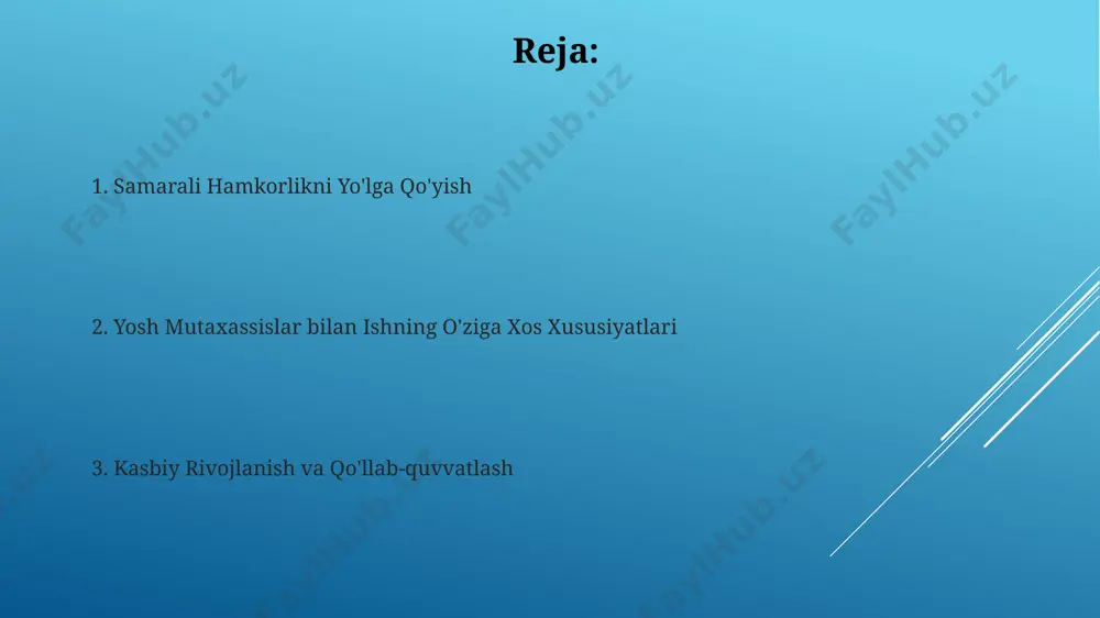 sh samarali bo'ladi. andijon viloyati maktablarida 7 balldan yuqori baho olgan yosh mutaxassislarga "eng yaxshi yosh o'qituvchi" ko'krak nishoni bilan taqdirlash va martaba o'sish imkoniyatlarini taqdim etish tavsiya etiladi. kelajakdagi rejalashtirish va istiqbollar andijon shahridagi pedagogika kolleji bilan hamkorlikda 15 nafar yosh o'qituvchiga innovatsion ta'lim texnologiyalari bo'yicha 6 oylik malaka oshirish kurslari tashkil etish rejalashtirilmoqda. 5 yil ichida 10 nafar yosh mutaxassisni toshkent shahridagi maktablarga jalb qilish va ularning professional rivojlanishi uchun 3 ta maxsus trening dasturini ishlab chiqish rejalashtirilgan. jamoada ishlash madaniyatini shakllantirish samarqand viloyatida o'tkazilgan tadqiqotlar shuni ko'rsatdiki, yosh mutaxassislarning 70% dan ortig'i jamoaviy ishlash madaniyati sifatini baholashda o'zlarining professional ko'nikmalarini rivojlantirishga katta ahamiyat berishadi. jamoa a'zolari o'rtasida samarali muloqotni o'rnatish uchun, masalan, toshkentdagi 5 ta maktabda o'tkazilgan treninglar natijasida 80% ga yaqin yosh mutaxassislar o'zaro hamkorlikni yaxshilashda sezilarli yutuqlarga erishgan. mentorlik va qo'llab-quvvatlash tizimi yosh mutaxassislarga samarqanddagi maktabda 3 oylik mentorlik dasturi 90% muvaffaqiyat ko'rsatkichiga ega bo'lib, …