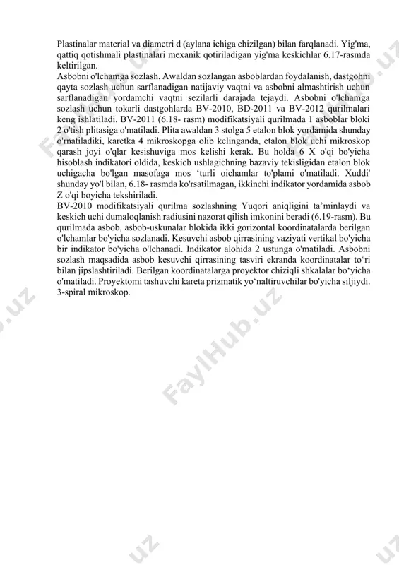 v berish imkonini beradi. xomaki detal yon yuzasining perpendikular emaslikdan og‘ishi ishlov berish aniqligiga ta’sir ko'rsatmaydi, chunki 1 yetaklagich, ikki tekislikda tebranib, xomaki detaining yon yuzasiga o'zi o‘rnashib oladi. yetaklagichning tebranishi ikki juft 3 roliklarda amalga oshiriladi. ular 5 dastgoh pazasi, 4 lyulka va 2 vodilaning.o‘zaro perpendikular ikki tekisliklarida joylashgan. 11.9-rasm. dasturli boshqariladigan patron 11.10-rasm. sanga patronli mushtchali patron ishlov berilayotgan xomaki detal yon sirtining yetaklagich tishli sirtiga doimiy bosilib turishi, dastgoh orqa babkasining aylanuvchan markazi bilan tfmalga oshiriladi. u pnevmoqisqichli yoki elektromexanik pinol bilan jihozlangan. aylanuvchan markaz sezilarli miqdordagi radial va o‘qli yuklamalarni ko‘tarish qobiliyatiga ega (6.24-rasm). radial va o‘qli yuklamalar xomaki detallarga uzoq vaqt mobaynida, 2000 ayl/min chastota bilan ta’sir ko‘rsatadi. u 2 konik rolikli, 4 sharik tayanchli va 5 ignasimon podshipniklarga ega. 3 moydon davriy moylash uchun xizmat qiladi. kiritma 1 ning old qismi cho‘zilgan ikki konus (markaziy teshik ostidagi konus 60° va oraliq konus 30° burchak …