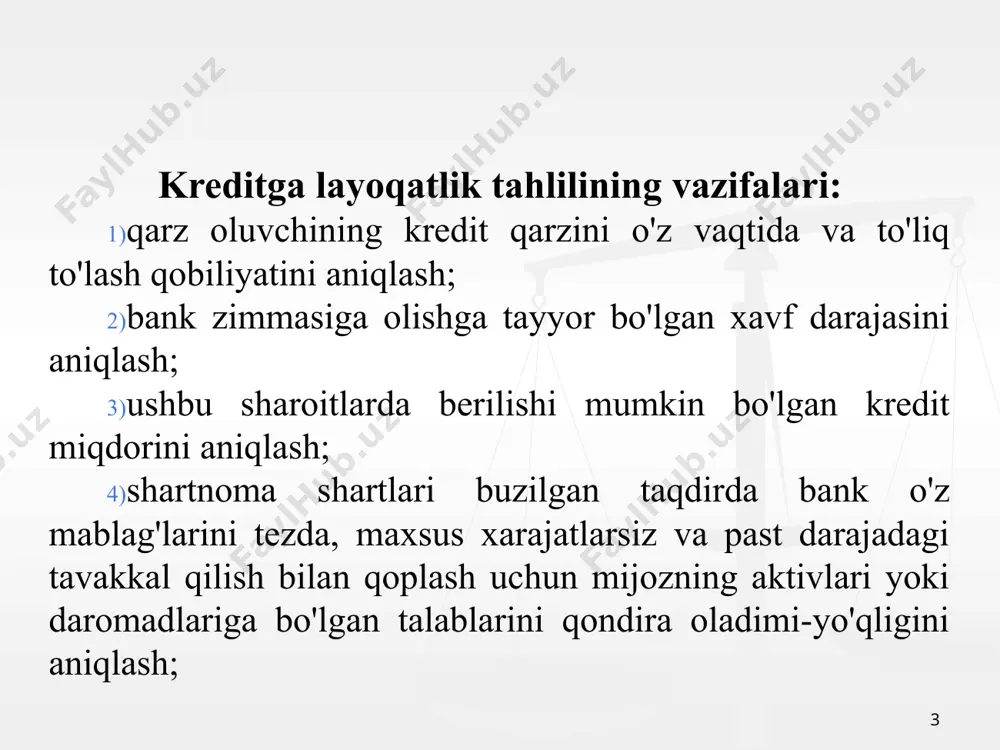 ffitsienti. korxonaning joriy majburiyatlarini qoplay olish imkoniyatini ko’rsatadi kjl=(a1+a2+a3)/(p1+p2) ktl > 2 tez likvidlilik koeffitsienti. korxonaning tez likvidlilik aktivlari joriy majburiyatlarini qoplay olish imkoniyatini ko’rsatadi ktl=(a1+a2)/(p1+p2) kbl > 0,7 mutloq likvidlilik koeffitsienti. korxonaning pul mablag’lari joriy majburiyatlarini qoplay olish imkoniyatini ko’rsatadi kml=a1/(p1+p2) kabl > 0,2 9 4. korxona mablag’lari aylanishini tahlili korxonaning joriy aktivlari aylanish koeffitsienti – aktivlardan foydalanish samaradorligini va aylanish tezligini ko’rsatadi. kak=mst (010 satr 2-shakl)/aktivlarning o’rtacha yillik qiymati (ayb+ayo/2 1-shakl 400, 780 satr) korxona debitorlik qarzlarining aylanish koeffitsienti – debitorlik qarzlari aylanishi tezligini va davrini ifodalaydi. kdm= mst (010 satr 2-shakl)/debitorlik majburiyatlari o’rtacha yillik qiymati 10 korxona kreditorlik qarzlari aylanish koeffitsienti – kreditorlik qarzlarining aylanish tezligini va davrini ifodalaydi. kkm= mst (010 satr 2-shakl)/kreditorlik majburiyatlari o’rtacha yillik qiymati korxona tovar-moddiy zahiralari aylanishi koeffitsienti –tovarmoddiy zahiralaridan foydalanish natijaviyligini ifodalaydi. ktmz= mst (010 satr 2-shakl)/tovar moddiy zaxiralar o’rtacha yillik qiymati 11 5. korxona faoliyati samaradorlik ko’rsatkichlari tahlili joriy aktivlar …