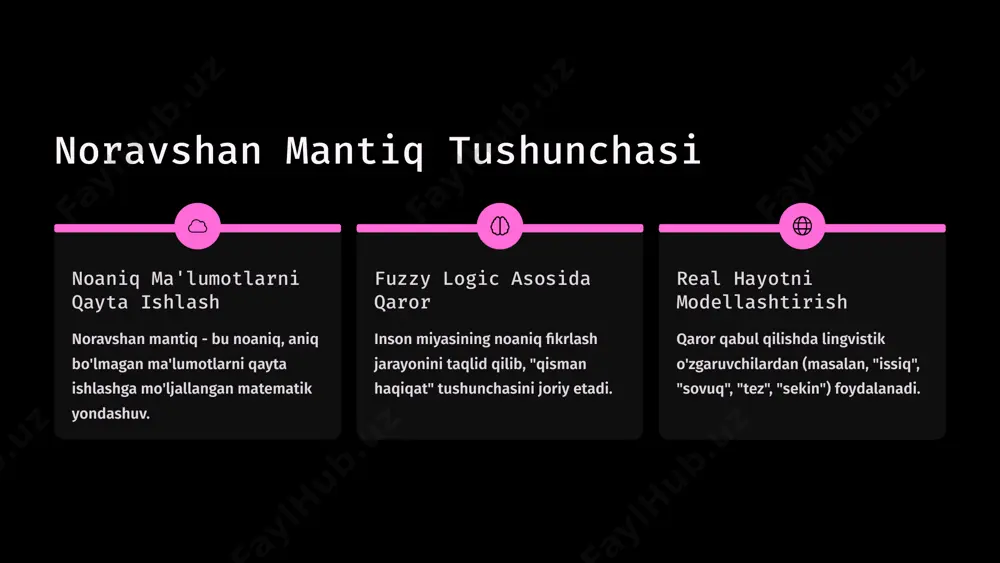 i ishlashni oldindan aniqlash va xavfsizlikni oshirish. real vaqtda tahlil murakkab sanoat jarayonlarida real vaqt rejimida ma’lumotlarni tahlil qilish va nazorat qilish. 5 amaliy tadqiqotlar va natijalar noravshan mantiqning amaliy qo'llanilishi turli sohalarda sezilarli yaxshilanishlarga olib keldi. energiya samaradorligi: fuzzy logic tizimlari orqali energiyani 20-25% gacha tejashga erishilgan. diagnostika aniqligi: temir yo'l diagnostikasida aniqlik 30-40% ga oshirilgan. integratsiya: bio-heuristik algoritmlar bilan birgalikda optimallashgan yechimlar yaratilgan. 6 noravshan mantiq va ekspert tizimlarining kelajagi kelajakda noravshan mantiq va ekspert tizimlari sun'iy intellektning ajralmas qismi bo'lib qoladi. ai va mashina o‘rganish: chuqur o'rganish va neyron tarmoqlar bilan integratsiya. kengaytirilgan sohalar: sanoat, transport, energetika va tibbiyotda yanada keng qo'llanilishi. mintaqaviy rivojlanish: o‘zbekiston va markaziy osiyoda aqlli tizimlarni joriy etish imkoniyatlari. 7 xulosa ekspert tizimlarining samaradorligi noravshan mantiq ekspert tizimlarining noaniq ma'lumotlar bilan ishlash qobiliyatini oshirib, ularni yanada samaraliroq qiladi. murakkab ma’lumotlarni qayta ishlash noravshan mantiq noaniq va murakkab ma'lumotlarni qayta ishlashda muhim vosita bo'lib …