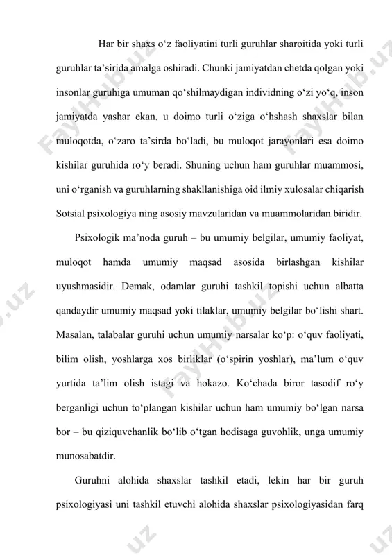 ishlar zahirasining kamligidir, ya’ni, katta guruhlarning psixologiyasini o‘rganishga mo‘ljallangan maxsus metodikalar kam ishlab chiqilgan. masalan, ishchilar yoki ziyolilar sinfi psixologiyasi o‘rganilishi kerak, deylik. avvalo o‘sha ishchilarning soni ko‘p, qolaversa, ishchilarning o‘zi turli ishlab chiqarish sharoitlarida ishlayotgan, turli iqlim sharoitlarida yashayotgan turli millatga mansub kishilardir. ularning barchasini qamrab oladigan yagona ishonchli metodikani topish masalasi tadqiqotchi oldiga juda jiddiy muammolarni qo‘yadi. shuning uchun ham har bir katta guruhga taalluqli bo‘lgan asosiy, yetakchi sifatni topish va shu asosda uning psixologiyasini o‘rganish hozircha sotsial psixologiya dagi asosiy metodologik yo‘llanma bo‘lib kelmoqda. qolaversa, katta guruhlar jamiyatning tarixiy taraqqiyoti mobaynida shakllangan guruhlar bo‘lgani uchun ham har qanday guruhni o‘rganishdan oldin, xoh bu sinflar bo‘lsin, xoh millatlar yoki xalqlar psixologiyasi bo‘lsin, uning hayot tarzi, unga xos bo‘lgan odatlar, udumlar, an’analar o‘rganiladi. ijtimoiy-psixologik ma’noda, hayot tarzini o‘rganish deganda, u yoki bu guruhga taalluqli bo‘lgan kishilar o‘rtasida amalga oshiriladigan muloqot tiplari, o‘zaro munosabatlarda ustun bo‘lgan psixologik omillar, qiziqishlar, qadriyatlar, …