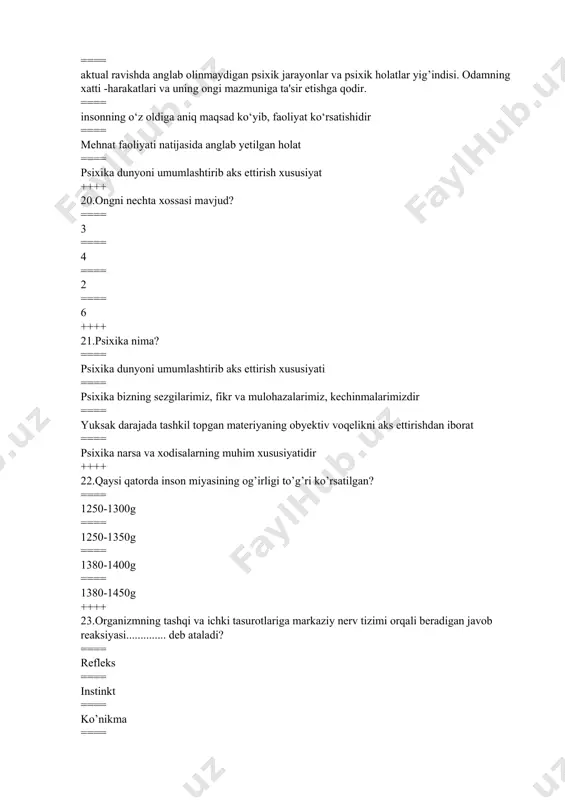 + 37.so’z belgilari tizimi bo’lib, u muloqot jarayonida psixik faoliyat mahsuli bo’lib yuzaga keladi? ==== nutq ==== ong ==== til ==== muloqot ++++ 38.pedagog va o’quvchilarning o’zaro ta'sir etish usullari yiq`indisi................? ==== pedagogik muloqot ==== hamkorlik faolligi ==== o’zaro tushunish ==== o’zaro hamkorlik ++++ 39.insoning o ’zini xayolan suhbatdoshi o’rniga qo’yish orqali uning kechinmalari va hissiyotlarini tushunishga intilishi? ==== identifikasiya ==== empatiya ==== steriotipizasiya ==== apatiya ++++ 40."ovoz bilan gapiramiz, tana biian suxhbatlashamiz" mazkur fikr muallifini aniqlang? ==== farobiy ==== egzipyure ==== publisiy ==== rubinshteyn ++++ 41.faoliyat nima? ==== maqsadlarimiz mazmuni va uni bajarish usuli ==== kо‘nikma va malakalar jarayonining sodir bо‘lishi ==== bilishga bо‘lgan extiyoj asosda shakllanadigan motivlar ==== anglangan maqsad bilan boshqariladigan ichki (psixik) va tashqi (jismoniy) harakatlar ++++ 42.kо‘nikma bu…? ==== biror faoliyatni amalga oshirish uchun mavjud bilimlardan va malakalardan foydalana olish ==== faoliyatda faollik kо‘rsatish ish-harakatlar yig‘indisi ==== avtomatlashgan xarakatlar ish-harakatlar yig‘indisi ==== faoliyatda ish-harakatlar yig‘indisi,avtomatlashgan …
