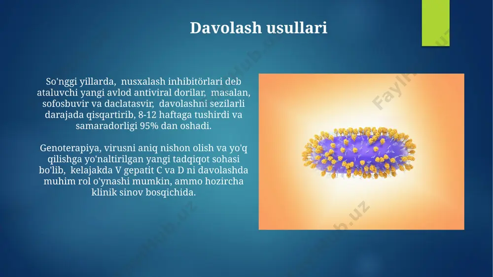 rsatadi. ba'zi bemorlarda yengil charchoq va umumiy holsizlik bilan chegaralanib, jigar funksiyasining engil buzilishi bilan ifodalansa, boshqalarida esa ogʻir jigar sirrozi va jigar etishmovchiligi rivojlanadi, bu esa oʻlimga olib kelishi mumkin. kasallikning prognozi surunkali gepatit s va d ning 20% dan ortiq hollarda jigar sirrozi va jigar yetishmovchiligiga olib kelishi mumkin, bu esa bemorlarning umr ko'rish davomiyligini sezilarli darajada qisqartiradi. erta tashxis qo'yish va zamonaviy antiviral terapiya bilan davolash gepatit s va d ning prognozini sezilarli darajada yaxshilaydi va to'liq davolanish ehtimolini 90% dan yuqori qiladi. oziqlanish tavsiyalari surunkali gepatit s va d ning dastlabki bosqichlarida 50% bemorlarda hech qanday alomatlar kuzatilmaydi, shuning uchun muntazam tibbiy tekshiruvdan o'tish juda muhim. bemorlarga to'g'ri ovqatlanish (kam yog'li dieta), muntazam jismoniy faoliyat va spirtli ichimliklardan voz kechish kabi 3 ta asosiy tavsiyalar beriladi. e'tiboringiz uchun rahmat @taqdimot_robot image6.jpg image7.jpg image8.jpg image9.jpg image10.jpg image11.jpg image12.jpg image13.jpg image14.jpg image15.jpg image16.jpg image17.jpg image2.png image3.png image4.png image5.png