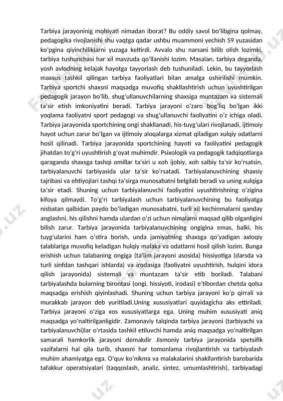 oni demakdir jismoniy tarbiya jarayonida spetsifik vazifalarni hal qila turib, shaxsni har tomonlama rivojlantirish va tarbiyalash muhim ahamiyatga ega. o‘quv ko‘nikma va malakalarini shakllantirish barobarida tafakkur operatsiyalari (taqqoslash, analiz, sintez, umumlashtirish), tarbiyadagi axloqiy sifatlar (onglilik, intizom va boshqalar), estetik did ham rivojlantiriladi. jismoniy tarbiyani tashkil etishning turli formalarida (mashg‘ulotlar, harakatli o‘yinlar, mustaqil harakat faoliyati va hokazolar) tarbiyachining e’tibori fikrlaydigan, o‘z yosh imkoniyatlariga ko‘ra ongli harakat qiladigan, o‘quv ko‘nikmalarini muvaffaqiyat bilan egallaydigan, atrof muhitda mo‘ljal ola biladigan, uchraydigan qiyinchiliklarni aktiv tarzda bartaraf etadigan, ijodiy izlanishga intiladigan bolani tarbiyalashga qaratiladi. olib borilgan tadqiqotlar shuni ko‘rsatdiki, bola ruhiy faoliyatining neyrofiziologik mexanizmi shartli reflektor xarakteriga ega va u bolalik yillari davomida tashqi ta’sirlar, ya’ni tarbiya jarayoni ta’sirida shakllanadi. shuni ta’kidlash kerakki, fikrlash, his qilish, ongli rivojlantirishning potensial imkoniyatlariga ega bo‘lgan inson organizmi hayotning birinchi kunidanoq, kompleks tarbiyaviy ta’sirni talab qiladi. bu ta’sir inson shaxsini muntazam og‘ishmay shakllantirib borishga yo‘naltirilgandir, shuning uchun bolaning jismoniy rivojlanishi …