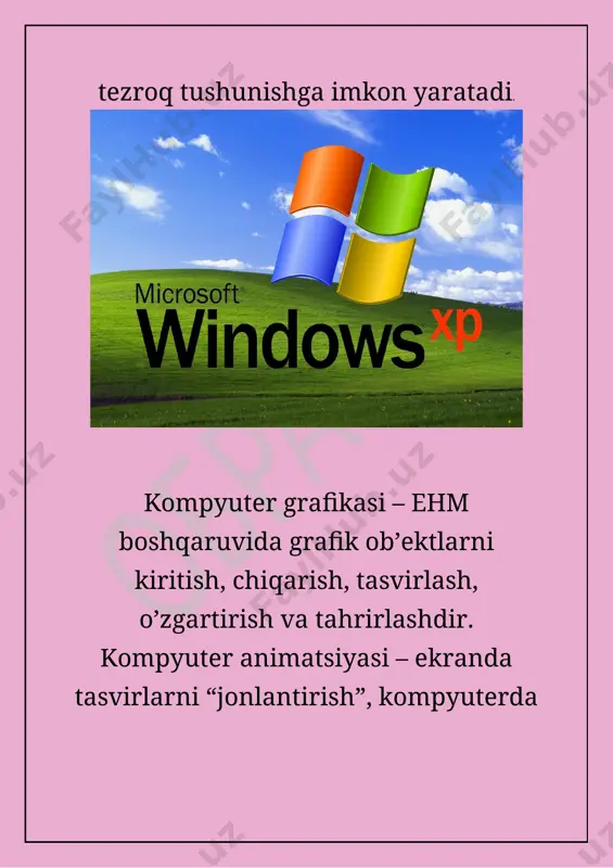 i grafikada tasvirlar matematik egri chiziqlarni rangi va bo’yalish rangini ko’rsatish orqali xosil qilinadi. masalan oq fondagi qizil ellips bor yo’q’i ikki formula – to’q’ri to’rtburchak va ellipsning ranglari, o’lchamlari va joylashuvini aniqlovchi formulalari orqali tasvirlanadi. demak, bunday tasvirlash kompyuter xotirasida rastrli rasmdan ko’ra kamroq joy egallaydi. vektorli tasvirlarning yana bir afzalligi – ularning sifatini yo’qotmagan xolda kattalashtirish yoki kichiklashtirish imkoniyatidir. ob’ektlarni masshtablash matematik formulalardagi mos koeffisientlarni kattalashtirish yoki kichiklashtirish orqali amalga oshiriladi. shunday qilib rastrli yoki vektorli formatni tanlash tasvir bilan ishlash maqsad va vazifalaridan kelib chiqqan xolda amalga oshiriladi. rangni o’zatishning fotografik aniqligi talab etilgshanida rastrli formatdan foydalanish lozim. logotip, sxemalar va chizmalarni tasvirlashda vektorli formatdan foydalanish maqsadga muvofiq. shuni ta’kidlash lozimki, rastrli va vektorli tasvirlashda (matn ham) grafika ekranga yoki chop etish qurilmasiga nuqtalar jamlanmasi sifatida otkazadi кompyuter grafikasi bilan ishlovchi dastur sinflari. xozirgi ko’nga kelib kompyuter grafikasi va animasiyasi vositalari kirib bormagan soxani topish qiyin. кompyuter …