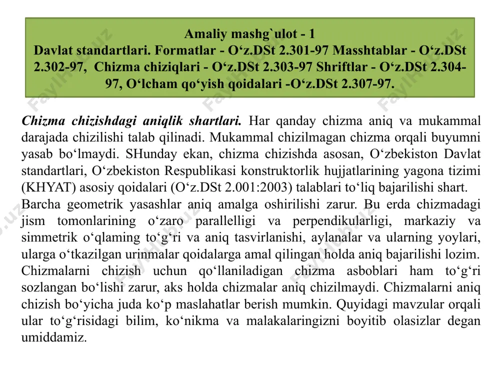 88 mm) 5 burchaklarni sirkul yordamida topish. to‘g‘ri burchak abc ni teng ikkiga bo‘lishda v nuqtadan ixtiyoriy kattalikdagi radius bilan yoy chiziladi va lining burchak tomonlari bilan kesishayotgan / va 2 nuqtalardan (1.5- a rasm) o‘zaro kesishadigan yoylar chizilsa, ular o‘zaro kesishib e nuqtani hosil qiladi. e nuqta v bilan tutashtirilsa, burchak teng ikkiga bo‘linadi (1.5- b chizma). be chiziq burchakni teng ikkiga bo‘luvchi bissektrisa chizig‘i deyiladi. ixtiyoriy o‘tkir burchakni teng ikkiga bo‘lish 1.5- rasmda ko‘rsatilgan. umumiy tushunchalar. chizmalardagi har qanday yozuv o’zdst 2.304:96 talabiga muvofiq aniq, yaqqol va chiroyli yozilishi lozim. davlat standarti bajariladigan chizmalarning hammasida yoziladigan barcha yozuvlarni ushbu shriftlarda yozishni talab etadi. chizma shrifti o‘zining oddiyligi, harflarning va raqamlarning bir xil yo‘g‘onlikda bo‘lishi va doim 75° qiyalikda yozilishi bilan xarakterlanadi. chizma shriftlar o‘z.dst 2304:96 ga muvofiq quyidagi o‘lchamlarda yozilishi tasdiqlangan: 2,5; 3,5; 5; 7; 10; 14; 20; 40. shriftlarning o‘lchamlari deb bosh harflarning balandligi h bilan ifodalanishiga …