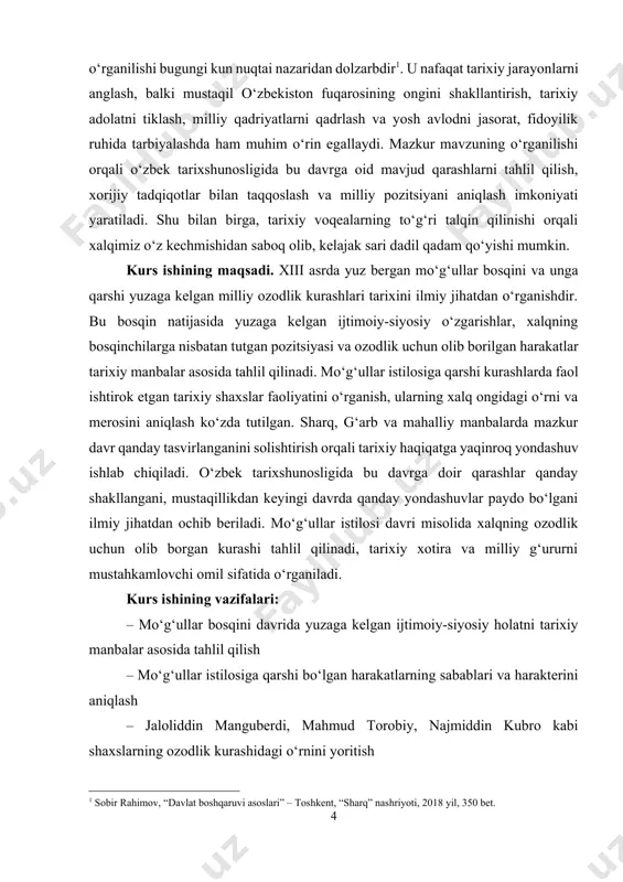 sosida o‘rganilishi kurs ishining predmetini tashkil etadi. bu jarayonda ishtirok etgan shaxslar faoliyati, xalqning qarshilik ko‘rsatish usullari va ularning tarixiy xotiradagi o‘rni asosiy e’tibor markazida turadi. kurs ishining obyekti. xiii asrda mo‘g‘ullar tomonidan amalga oshirilgan bosqinlar va bu istilolarga qarshi bo‘lgan milliy ozodlik kurashlari tarixiy voqelik sifatida kurs ishining obyektini tashkil etadi. bu davrdagi ijtimoiy-siyosiy jarayonlar, xalq harakati, siyosiy kuchlar o‘rtasidagi munosabatlar asosiy o‘rganilayotgan tarixiy hodisalardir. kurs ishining tuzilishi: kirish, 2 ta bob, umumiy xulosa va foydalanilgan adabiyotlar ro‘yxatidan iborat. i-bob. amir temur davlati manbashunosligining o‘rganilishi 1.1. temuriylar saltanati tarixiga oid forsiy tarixiy yozma manbalar: nizomiddin shomiyning “zafarnoma” asari nizomiddin shomiy — xiv asr oxiri va xv asr boshlarida yashagan forsiy tarixchi va yozuvchi bo‘lib, u amir temur davri tarixining eng muhim manbalaridan biri hisoblanadi. taxminan 1409-yilda vafot etgan bu olimning eng mashhur asari — “zafarnoma” bo‘lib, u amir temur hayoti va faoliyatini yoritishda katta ahamiyatga ega. “zafarnoma” asari amir …