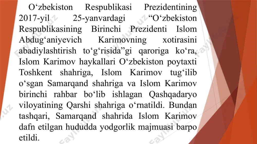 hi tashabbus yoshlarni jismoniy chiniqtirish, ularning sport sohasida qobiliyatini namoyon qilishlari uchun zarur sharoitlar yaratishga yo‘naltirilgan. - uchinchi tashabbus aholi va yoshlar o‘rtasida kompyuter texnologiyalari va internetdan samarali foydalanishni tashkil etishga qaratilgan. - to‘rtinchi tashabbus yoshlar ma’naviyatini yuksaltirish, ular o‘rtasida kitobxonlikni keng targ‘ib qilish bo‘yicha tizimli ishlarni tashkil etishga yo‘naltirilgan. - beshinchi tashabbus xotin-qizlarni ish bilan ta’minlash masalalarini nazarda tutadi. o’zbekistonda din dinlararo bag‘rikenglikning shakllanishi. sssr davrida o‘zbekistonda 89 masjid, 2 ta madrasa bo‘lgan bo‘lsa, 2017-yilga qadar esa 2033 ta masjid, islom universiteti, islom instituti, 16 ta diniy konfessiyalar faoliyat yuritib keldi. o‘zbekiston aholisining 88 foizi islom diniga, 10 foizidan ziyodi boshqa dinlarga e’tiqod qiladi, 1,8 foizi hech qaysi dinga e’tiqod qilmaydi. ramazon hayiti, qurbon hayiti respublika miqyosida nishonlab kelinmoqda, diniy jurnal va gazetalar nashr etilib, televideniye va radioda diniy mavzularda maxsus ko‘rsatuv va eshittirishlar olib borilyapti. o‘zbekistonda qaror topgan diniy bag‘rikenglik quyidagi omillar bilan belgilanadi: birinchidan, respublikada istiqomat qilayotgan …