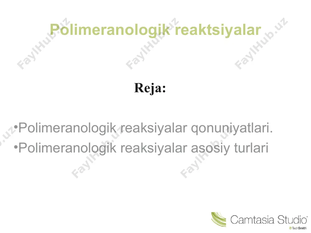 bo‘ladi: r – ch2 – ch* + ch2 = ch → r – ch2 – ch - ch2 - ch* ׀ ׀ ׀ ׀ x x x x zanjir uzilishi natijasida faol radikallar yo‘qolib, kinetik va material zanjirlarni o‘sishi to‘xtaydi. radikal polimerlanishda zanjirni uzilishi asosan ikki mexanizm bo‘yicha - rekombinatsiyalanish yoki disproportsiyalanish natijasida sodir bo‘ladi. -sn2 – sn* + sn* - sn2 - → - sn2 – sn – sn – sn2 – ׀ ׀ ׀ ׀ x x x x rekombinatsiyalanish -sn2 – sn* + - sn2 – sn* → - sn2 – sn2 + - sn = ch ׀ ׀ ׀ ׀ x x x x disproportsiyalanish uzilish reaktsiyasida turli uzunlikka ega bo‘lgan o‘sayotgan zanjirlar qatnashgani uchun polimerlanish reaktsiyasida turli xil molekulyar massaga ega bo‘lgan makromolekulalar xosil bo‘ladi. shuning uchun ham sintetik polimerlar polidisperslik xossasiga ega. polimerlanish reaktsiyalarini to‘xtatish yoki sekinlatish maqsadida reaktsion muhitga ingibitorlar qo‘shiladi. zanjirning ingibitor …