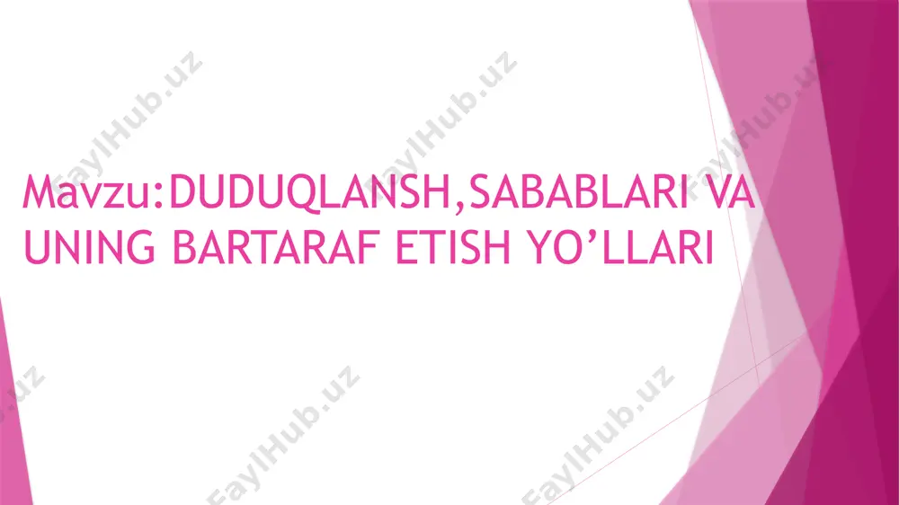 ning to’g’ri va izchil qayta taqsimlanishi orqali tez, aniq va qat’iy farqlanuvchi harakatlarni amalga oshirish mumkin. mushaklar tonusini oqilona qayta taqsimlanishini boshqarish striopallidar tizimga to’g’ri keladi. emotsional giperqo’zg’alish yoki miyaning anatomo-patologik shikastlanishlari natijasida striopallidar regulyatorini bloklanishi klonik takrorlash (tutilish) yoki tonik spazmga olib keladi. 2,duduqlanish alomatlari va belgilari ovoz. tovushni talaffuz qilishga harakat qilish ovozning paydo bo’lishiga to’sqinlik qiladigan ovoz teshigining spazmatik tarzda yopilishi bilan birga kechadi. xuruj vaqtida hiqildoq tez va keskin yuqoriga, pastga va oldinga qarab harakatlanadi. so’zni maromida talaffuz eta olmaganligi sababli, bemorlar unlilarni qattiq tarzda gapirishga harakat qilishadi. shivirlab gapirish va kuylashda alomatlarning yumshalishi qayd qilinadi, ba’zan nutqning to’liq normallashishiga qadar. artikulyatsiya. artikluyatsiya apparatidagi funktsional buzilishlar bilan bir qatorda, duduqlanishda somatik buzilishlar ham kuzatiladi. masalan, tanglayning chuqur bo’lishi, tilni chiqarishda uni bir tomonga og’ganligi, burun bo’shlig’ida — burun to’sig’ining qiyshayganligi, chig’anoqlarning gipertrofiyasi. birgalikda kechuvchi harakatlar — bu duduqlanib qolish vaqtida yuzaga keladigan harakatlardir, ular zaruriy emas, …