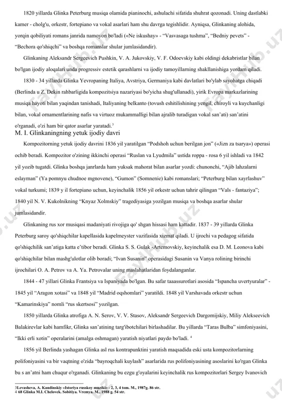 di. u fortepiano va skripka chalishni juda erta boshladi. glinkaning yoshlik yillari peterburgda o'tadi. 1818 - 22 yillarda bosh pedagogika institutining ulug'vor pansioni (o'quvchilarni yotoqxona, oziq - ovqat, kiyim - bosh bilan ta’minlaydigan o'rta o'quv yurti)da tahsil oladi. pansiondagi mashg'ulotlar glinka dunyoqarashining shakllanishiga ijobiy ta’sir qiladi, chunki bu erda uning o'qituvchilari taraqqiyparvar fikrli olimlar, tarbiyachisi esa oldingi dekabrist, aleksandr sergeevich pushkinning do'sti v. k. kyuxelbeker edi. kyuxelbeker glinkada xalqqa bo'lgan mehr - muhabbat va xalq uchun har qanday xizmat qilishga tayyor bo'lish his - tuyg'ularini rivojlantirgan. [footnoteref:2] [2: vasina v.a.-grossman. mixail ivanovich glinka, m., 1982 g. 9str.] glinka fortepiano bo'yicha jon fild (irlandiyalik pianinochi, kompozitor va pedagog) va va sharl mayer (nemis pianinochisi, kompozitor va pedagog, jon fildning shogirdi)dan dars oladi. 1820 yillarda glinka peterburg musiqa olamida pianinochi, ashulachi sifatida shuhrat qozonadi. uning dastlabki kamer - cholg'u, orkestr, fortepiano va vokal asarlari ham shu davrga tegishlidir. ayniqsa, glinkaning alohida, yorqin …