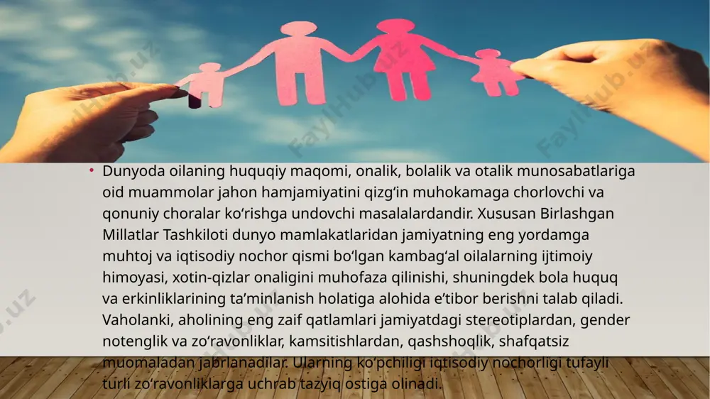 rni oʻz mamlakatida amalga oshirish majburiyatini oldi. oʻtgan davr mobaynida oʻzbekiston respublikasi xotinqizlar huquqlari va erkinliklarining turli jihatlarini koʻzda tutuvchi, huquqning xilma-xil manbalaridan iborat meʼyoriyhuquqiy negizni barpo etdi. xususan, jahon miqyosida yangi oʻzbekiston islohotlari eʼtirof etilmoqda. prezident sh.m. mirziyoyev boshchiligida taraqqiyotning mutlaqo yangi bosqichiga qadam qoʻyganligimiz, erishayotgan zalvorli yutuqlarimizning eʼtirofidir. shuningdek, “yangi oʻzbekiston taraqqiyot strategiyasi” doirasida ilgari surilayotgan keng koʻlamli vazifalar konstitutsiyaviy normalarni yanada takomillashtirish ehtiyojini kun tartibiga qoʻydi. konstitutsiyaviy islohotlar boʻyicha jahon hamjamiyati tomonidan koʻpchilik davlatlarda amalga oshirilayotgan islohotlar davlat va jamiyatni modernizatsiya qilishning konstitutsiyaviy-huquqiy asoslarini rivojlantirish muhim ahamiyatga egaligini koʻrsatmoqda. ammo qonunlar har qancha ijobiy boʻlmasin, oʻz-oʻzidan harakatga kelmaydi. ulardan ijtimoiy hayot amaliyotida samarali foydalanish aholining oila, nikohlanuvchi taraflar, xotin-qizlar va bola huquqlari holati haqida xabardorlik darajasiga hamda oilaviy masalalarga oid xalqaro standartlarni, ham milliy qonunchilikni bilishiga bevosita bogʻliq. afsuski, aholining koʻpchilik qismi amaldagi ijtimoiy himoya mexanizmlaridan hamda ularga oid qonun hujjatlaridan ham xabardor emas va shu tufayli …
