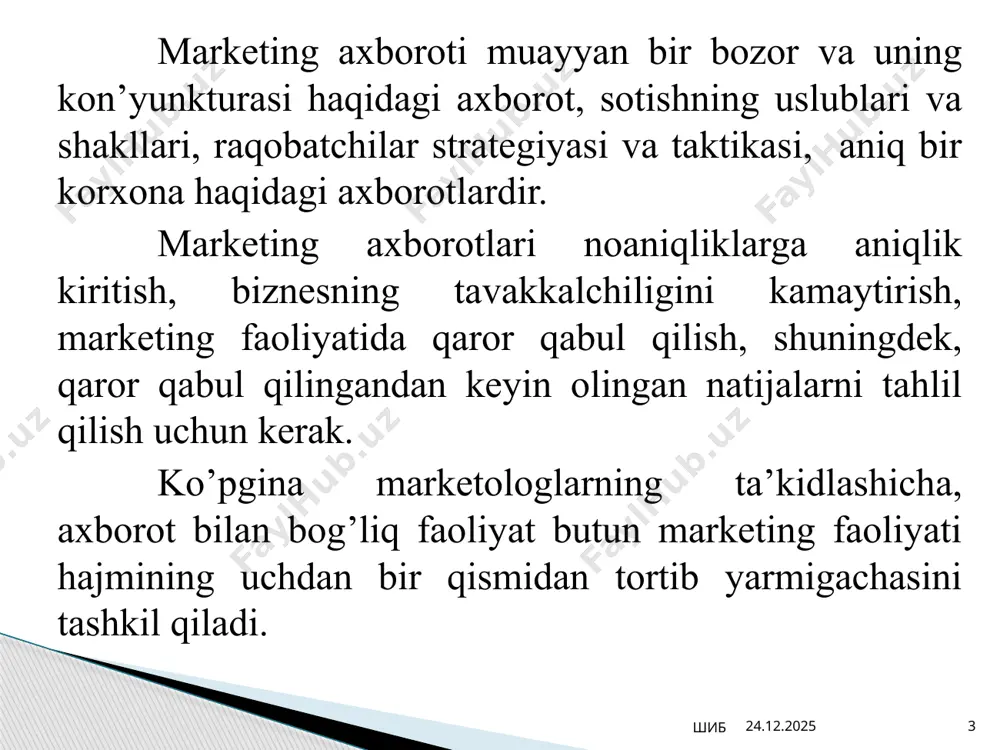 haqida ma’lumotga ega bo’lish, shuningdek, omma nazaridagi o’z o’rnining mustahkamligini o’lchash uchun so’rovlar o’tkazadilar. 12.02.2025 шиб 9 sinov — oldindan «holatni yaratish» asosida olingan natijalarni o’lchash bilan biror jarayonni amalga oshirishdir. asosan sababnatijaviy aloqalarni o’rganishda ishlatiladi. masalan, tovarlarni har xil o’ramlarda taklif etishga xaridorlarning reaksiyasini o’lchash, modifikasiyalangan tovarning an’anaviy tovarlarga nisbatan sotilish miqdorini baholash va hokazo sinov yordamida, odatda, bir martalik harakterdagi aniq voqyealar tadqiq qilinadi va shuningdek, olingan ma’lumotlarni hamma vaqt ham umumlashtirib bo’lmaydi. sinovning kamchiliklari yuqori xarajatlar, subyektiv tanlangan sharoitlar, shuningdek, marketing rejasining hamma parametrlari va unga ta’sir etadigan hamma omillarni hisobga olish va nazorat qilish imkonining yo’qligidan iboratdir. 12.02.2025 шиб 10 marketing tadqiqotlari deganda turli xil marketing muammolari, shu jumladan, bozor rivojlanishining o’lchamlari va tendensiyalari, u yoki bu marketing holatlariga javob reaksiyalari, shuningdek, firmaning bozor rivojlanishi va marketingni boshqarish haqidagi ma’lumotlarni sistemali yig’ish, tartibga solish va tahlil qilish tushuniladi. tadqiqotlarning yo’nalishlari doim kengayib boradi. biroq quyidagi yo’nalishlardagi …