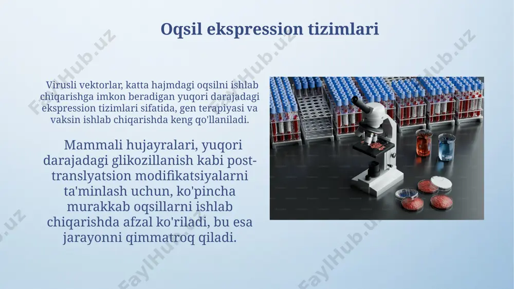 nilishi monoklonal antitellar texnologiyasi yordamida saraton hujayralarini aniq nishon olish va yo'q qilish imkonini beruvchi 200 dan ortiq terapevtik vositalar ishlab chiqarildi. gen terapiyasi orqali oqsil yetishmovchiligini bartaraf etishda 50% dan yuqori muvaffaqiyat ko'rsatkichiga ega bo'lgan klinik sinovlar natijalari mavjud. oqsil funksiyasini tadqiq qilish oqsil-oqsil o'zaro ta'siri tarmoqlarini tahlil qilish orqali, hujayra ichidagi jarayonlarning murakkabligi va 1000 dan ortiq oqsillarning o'zaro ta'sirini tushunish mumkin. oqsil funksiyasini aniqlash uchun 2d gel elektroforezi va mass-spektrometriya kabi 10 dan ortiq turli usullar qo'llaniladi, bu esa oqsil identifikatsiyasi va miqdorini aniqlashga imkon beradi. oqsil biotexnologiyalarining iqtisodiy ahamiyati oqsil muhandisligi yordamida ishlab chiqariladigan yangi fermentlar sanoatda, xususan, oziq-ovqat va to'qimachilikda 10-15% ga samaradorlikni oshiradi. oqsil biotexnologiyalari global farmatsevtika bozorining 150 milliard dollardan ortiq qismini egallaydi va yillik o'sish sur'ati 7-8% ni tashkil etadi. e'tiboringiz uchun rahmat @taqdimot_robot image4.png image5.jpg image6.jpg image7.jpg image8.jpg image9.jpg image10.jpg image11.jpg image12.jpg image13.jpg image14.jpg image15.jpg image16.jpg image17.jpg image18.jpg image19.jpg image20.jpg image21.jpg …