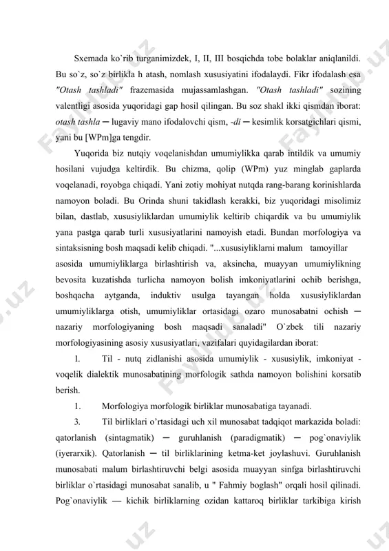 ro mutanosib grammatik shakllarning aloqadorligi asosida ochiladi. chunonchi, birlik son bilan koplik son shakllarining nutqiy manolarini qiyoslasak: ikki son shakl manolarini qiyoslab hukm chiqara olamizki, birlik son aniq miqdorni ham, noaniq miqdor (ko` p kitob) ni ham, birlikni ham, aniq va noaniq koplikni ham ifodalay oladi. koplik son esa hamisha noaniq koplikni ifodalaydi. mana shu noaniq koplikni ifodalash koplik sonning umumiy manosi, birlikni ham, koplikni ham, aniqlikni ham, noaniqlikni ham ifodalay olish esa birlik sonning umumiy ma`nosidir. morfologik paradigmalarda shakllar mana shunday umumiy manolar asosida zidlanadi. mana shunday umumiy morfologik (grammatik) manolarni ochish va paradigma azolarining zidlanish belgilarini tavsiflash bugungi ozbek tili nazariy morfologiyasining tadqiq manbaidir. bu ishga ozbek tilshunosligi endigina kirishdi va uning rivoji bevosita iqtidorli yoshlarning kelajakdagi faoliyatlari bilan bogliqdir. morfologik shaklning mana shu usulda ochilgan umumiy manosi bu formaning qollanilishida — sintaksisda voqelanadi. shuning uchun morfologik shakl umumiy manosi imkoniyat sifatida unda yashiringan boladi. nutqda esa u …