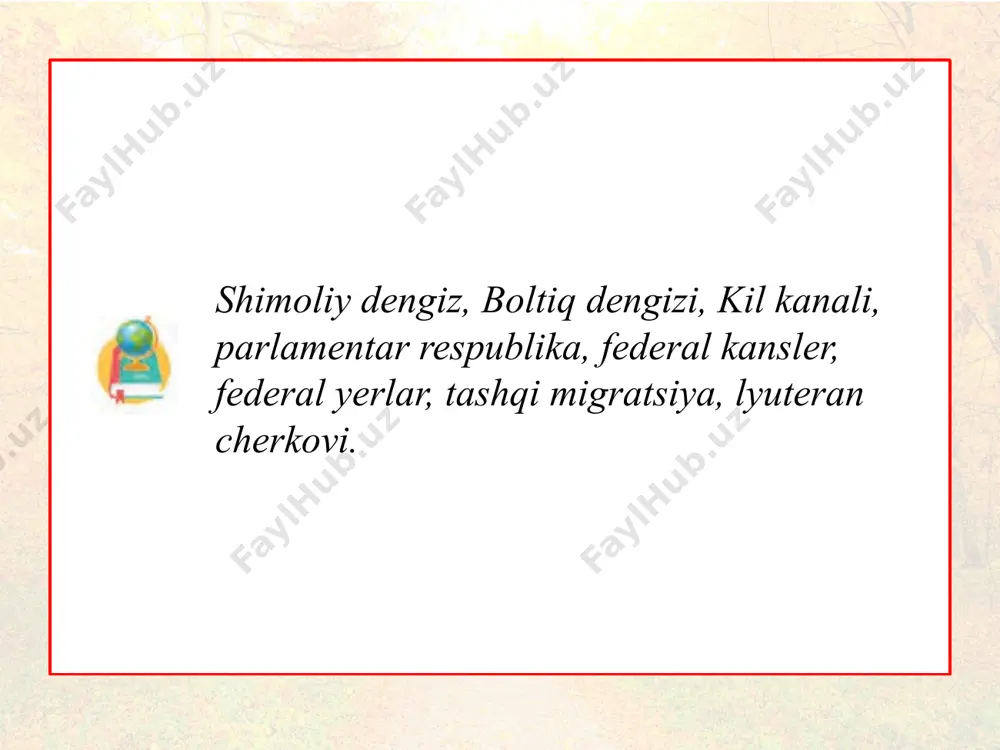 igan alp tog‘lari gfrda tosh va qo‘ng‘ir ko‘mir, temir rudasi, osh va kaliy tuzlarining konlari mavjud. tosh ko‘mir qo‘ng‘ir ko‘mir temir rudasi osh tuzi kaliy tuzi mamlakat hududi mo‘tadil iqlim mintaqasida joylashgan. ob-havo tez-tez o‘zgaradi, yog‘inlar ko‘p yog‘adi. qish odatda yumshoq, qattiq sovuqlar kam sodir bo‘ladi. dengizbo‘yi hududlarida kuchli shamollar doimo kuzatiladi va bu energetika sohasida qo‘l keladi. germaniyada daryolar to‘ri ancha zich. eng yirik daryolar reyn, du­nay, elba, vezer va oder hisoblanadi. reyn dunay elba vezer oder gfrdagi barcha yirik daryolar ka­nallar bilan o‘zaro bog‘langanligi tufayli uning ichki suv transport yo‘llari dunay orqali shimoliy va boltiq dengizlari portlarini qora dengiz portlari bilan bog‘laydi. shimoliy dengiz boltiq dengiz qora dengiz aholisi. germaniya deyarli 83 mln. kishilik aholisi (2018-yil ma’lumotlari bo‘yicha) bilan yevropada rossiyadan keyingi 2-o‘rinni egallaydi. tug‘ilishning pastligi sababli germaniyada aholining tabiiy ko‘payishi 1972-yildan buyon manfiy qoldiqqa ega. germaniyada aholi ko‘payishining manbayi tashqi migratsiya hisoblanadi. germaniya xorijiy migrantlar soni (12 …