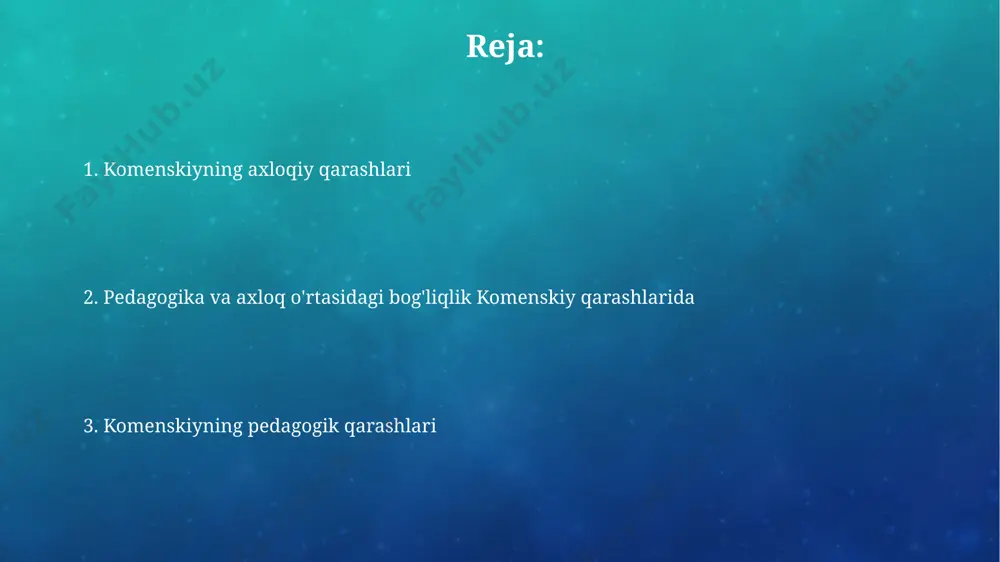 bilan uyg'unlashtirish va 21-asr talablariga moslashtirish bo'yicha tadqiqotlarning dolzarbligi ortib bormoqda. didaktika asoslari kitobda 6 yoshdan 12 yoshgacha boʻlgan bolalar uchun 4 bosqichli ta’lim tizimi batafsil bayon etilgan boʻlib, bu plesov shahridagi oʻz tajribalariga asoslangan. “didaktika asoslari”da komenskiy ta’limda tabiatdan kuzatish va tajriba oʻtkazishning ahamiyatini ta’kidlab, oʻquv jarayoniga 100 dan ortiq amaliy mashgʻulotlarni kiritishni taklif qiladi. komenskiyning pedagogik merosining dolzarbligi uning "didaktika magna" asari oʻquv dasturlarini tuzish, taʼlimning bosqichma-bosqichligi va individual yondashuv kabi zamonaviy pedagogika tamoyillariga asos solgan, bu esa pardubitse shahrida tugʻilgan buyuk mutafakkirning ahamiyatini koʻrsatadi. komenskiyning 17-asrda shakllangan didaktik tamoyillari, masalan, oʻquv jarayonini tabiatga moslashtirish gʻoyasi, hozirgi kunda ham jahonning 100 dan ortiq mamlakatida qoʻllanilmoqda. tarbiyaning ahamiyati va prinsiplari komenskiy, "didaktika magna" asarida, dunyoqarash shakllanishiga ta'sir ko'rsatuvchi 15 ta asosiy omilni sanab o'tib, ularning tarbiya jarayonidagi o'rni va ahamiyatini tushuntirgan. uning fikricha, tarbiyaning asosiy printsiplaridan biri bolaning tabiatiga moslashish, ya'ni 6-7 yoshdan boshlab o'yinlar orqali bilim berish edi. …