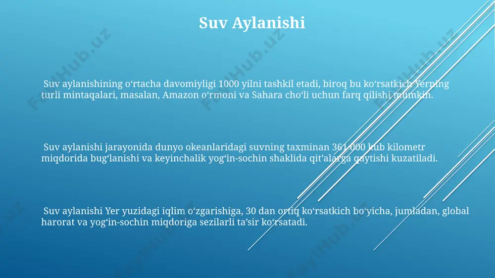 aroqli bo'lib, bu suvni tejash va ifloslanishini oldini olish bo'yicha global sa'y-harakatlarning muhimligini ta'kidlaydi. markaziy osiyo mamlakatlari, jumladan, o'zbekiston, qirg'iziston va tojikiston, suv resurslarini boshqarishda transchegaraviy hamkorlikni kuchaytirish orqali, 50% gacha suv yo'qotishlarining oldini olish va o'zaro manfaatli suv ta'minoti strategiyasini ishlab chiqish zarur. suvning kimyoviy tarkibi dunyoning turli mintaqalarida, masalan, orol dengizi havzasida suvning mineral tarkibi, jumladan, tuz va kaltsiy miqdori, geografik joylashuvga va geologik sharoitlarga bog'liq ravishda sezilarli darajada farq qilishi mumkin. suvning kimyoviy tarkibi asosan vodorod (h₂) va kislorod (o₂) atomlaridan iborat bo'lib, ular 2:1 nisbatida birikadi va yer yuzasining 71 foizini tashkil etadi. suvning ph darajasi 0 dan 14 gacha o'zgarib turadi, neytral ph 7 ga teng. toza suvning ph darajasi odatda 6.5 dan 8.5 gacha bo'ladi, ammo sanoat chiqindilari ta'siri ostida bu ko'rsatkich o'zgarishi mumkin. yer yuzidagi suv resurslari jahon sog'liqni saqlash tashkilotining ma'lumotlariga ko'ra, dunyo aholisining taxminan 2,2 milliard kishi toza ichimlik suvi tanqisligidan …