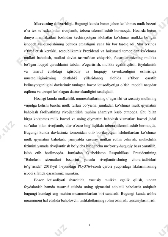 arini mustaqil ravishda tahliliy ochib berish va tizimlashtirish asosida konkret bilimlarga ega bo’lish, muhim nazariy- amaliy xulosalar shakllantirish, shaxsiy fikr va qarashlarni asoslab berish qobiliyatiga erishish va ko’nikmasini egallash zarurati mazkur bitiruv malakaviy ishining dolzarbligini belgilaydi. bitiruv malakaviy ishining maqsadi va vazifalari. mazkur bitiruv malakaviy ishining maqsadi – uy-joylarning qiymatini baholashga oid yondashuv va usullar metodologiyasini qo’llanilishini o’rganib tegishli xulosalar shakllantirish hamda ularning negizida amaliy ko’nikmalarga ega bo’lish ҳисобланади. yuqoridagi maqsadga erishish quyidagi vazifalar qo’yilgan: · uy-joylar va uning qiymati baholash obyekti hamda predmeti sifatida ko’rib chiqish; · uy-joylar qiymatini baholashda ko’chmas mulk bozoriga ta’sir etuvchi omillar tasniflash va tavsiflash; · uy-joylar qiymatini baholashning metodologik asoslarini yoritib berish; · baholash obyekti sifatida tahlili, ya’ni hududiy joylashuv muhitini bayon etish, tavsifi va ko’rsatkichlarini o’rganish, bozori tahlilini yoritib berish; · uy-joylar qiymatini baholashning tashkiliy-huquqiy mexanizmlarini ko’rib o’tish; · mchj “lider konsalt servis” baholash tashkiloti tomonidan uy- joylar qiymatini daromadli, xarajatli, qiyosiy yondashuvlar …