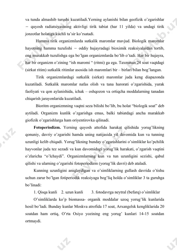 shu uchun zarur bo’lgan fotiperiodik reaksiyaga bog’liq holda o’simliklar 3 ta guruhga bo’linadi: 1. qisqa kunli 2. uzun kunli 3. fotodavrga neytral (befarq) o’simliklar o’simliklarda ko’p biomassa- organik moddalar uzoq yorug’lik kunlarida hosil bo’ladi. bunday kunlar moskva atrofida 17 soat, arxangelsk kengliklarida 20 soatdan ham ortiq, o’rta osiyo yozining eng yorug’ kunlari 14-15 soatdan ortmaydi. o’simlik urug’larining tinchlik davrini to’xtatib, unish, o’sish boshlanishi bo’yicha ular 3 turga bo’linadi: tabiiy, majburiy va indutsiranli tinchlik davrlarini o’tadi. ayrim hollarda uzoq qizil (736 nm) va yaqin qizil (660 nm) nurlar ta’sirida ham urug’lar tinchlik davriga o’tishi mumkin. qizil nurlar daraxt va o’simliklar yaproqlari oralaridan o’tib, tuproq ustiga, urug’larga ta’sir qiladi. yaproqlar tushib, yer beyiga nurlar ko’p va to’g’ri tushgandan keyingina urug’lar tinchlikdan chiqadi, unish va o’sish boshlanadi. hayvonlarda ham o’simliklardagi kabi tashqi muhit ta’siriga javoban “tinchlik davri” ni o’tadi. hayvonlarda noqulay sharoit yuzaga kelganda quyidagicha moslashishi: 1. hayvonlarning qulay sharoit paydo bo’lishini tezda …