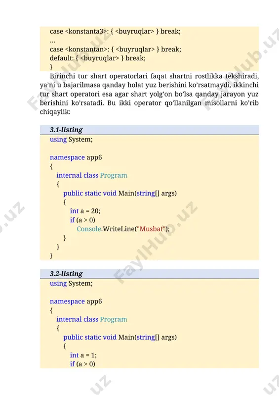 if (i == 10) { if (j 100) c = d; else a = c; // bu operator if(k > 100) operatorning else qismidir } else a = d; // bu operator if(i == 10) operatorining else qismidir } } } switch operatori yuqorida ikki xil shart operatorlari bilan tanishdik. bunda biz bitta shart asosida rostlikka tekshirib o’tdik. ba’zi hollarda bitta emas, bir nechta shart asosida rostlikka tekshirishga to’g’ri kelib qoladi. bu holatda switch operatoridan foydalanamiz. switch operatorining umumiy ko’rinishi quyidagicha: switch (ifoda) { case : { } break; case : { } break; case : { } break; … case : { } break; default: { } break; } bu operator quyidagicha ishlaydi: ning qiymati avval bilan solishtiriladi, agar u mos bo’lsa (teng bo’lsa), u holda mana shu qismdagi bajariladi va switch tanasidan chiqiladi, aks holda xuddi shu tartibda gacha solishtirilib chiqiladi, agar bu ro’yxatda ga tenglari topilmasa, default …