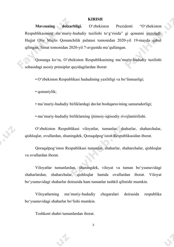 iy majlisiga quyidagi hujjatlarni taqdim etadi: • viloyatni tuzish yoki tugatish zarurligi va maqsadga muvofiqligi asoslantirilgan taklif; • o‘zbekiston respublikasi oliy majlisi qonunchilik palatasining va senatining qarorlari loyihalari; • o‘zbekiston respublikasi vazirlar mahkamasi tomonidan tashkil etilgan komissiya xulosasi; • viloyat chegaralarining va viloyat tarkibiga hududlari o‘tkazilayotgan ma’muriy-hududiy birliklar chegaralarining kartografik chizmasi hamda viloyat chegaralari chizig‘ining tavsifi (viloyatni tuzish to‘g‘risidagi taklifga ilova qilinadi); • tarkibiga tugatilayotgan viloyat hududi o‘tkazilayotgan ma’muriy-hududiy birliklar chegaralarining kartografik chizmasi va ma’muriy-hududiy birliklar chegaralari chizig‘ining tavsifi (viloyatni tugatish to‘g‘risidagi taklifga ilova qilinadi); • viloyatni tuzish yoki tugatish bilan bog‘liq tegishli hisob-kitoblar va xarajatlarni moliyalashtirish manbalari. qoraqalpog‘iston respublikasining chegaralari faqat uning roziligi bilan qoraqalpog‘iston respublikasi jo‘qorg‘i kengesining qarori asosida o‘zbekiston respublikasi oliy majlisi tomonidan o‘zgartirilishi mumkin . maqsad va vazifalari. kurs ishining maqsadi o‘zbekistonning hududini o‘rganishga qaratilgan. shu bilan birga hududiy tarkibni yanada chuqurroq o‘rganish, tahlil qilish va statistik ma’lumotlar yordamida avvalgi yillar bilan taqqoslash ularni o‘rganishdan iborat. …