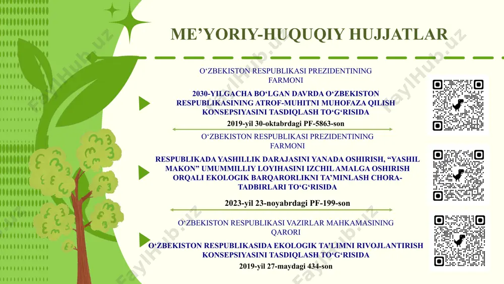 rga quyosh batareyalari o‘rnatilib, energiya tejovchi lampalardan foydalanishadi, suvni tejovchi texnologiyalardan foydalanishadi. maktablar atrof-muhitini yaxshilashda jamoatchilik yordamiga tayaniladi. amerika qo‘shma shtatlarida ko‘plab maktablar o‘z bog‘lariga ega bo‘lib, o‘quvchilar qanday o‘simliklar yetishtirishini, ularni qanday parvarish qilish va tabiiy muhit bilan qanday bog‘lanishni o‘rganadilar. chiqindilarni kamaytirish bo‘yicha tashabbuslarda qatnashish ham rag‘batlantiriladi. lokal hamjamiyatlar bilan birgalikda ekologik tadbirlar o‘tkazadilar. aqsh shvetsiya maktablarida chiqindilarni qayta ishlash va chiqindilarni kamaytirish bo‘yicha dasturlar mavjud. o‘quvchilar uchun plastik, qog‘oz va boshqa materiallarni qanday to‘g‘ri sarflash va qayta ishlash bo‘yicha ta’lim beriladi. o‘quvchilarni tabiiy muhit va mahalliy ekosistemalar bilan tanishtirish maqsadida maktablarda o‘z bog‘lari, shuningdek, o‘simliklar va hayvonlar hayotini o‘rgatuvchi dasturlar tashkil etiladi. qiyosiy tahlil t/r amaldagi holat (o‘zbekistonda) amaldagi holat (xorijda) takliflar 1 o‘quv dasturlari orqali o‘quvchilar atrof-muhitni asrab-avaylash, tabiatga to‘g‘ri munosabatda bo‘lish, hayvonot dunyosini tushunishga o‘rgatiladi. yaponiyada maktab o‘quvchilari reja asosida daraxt ko‘chatlari ekish, tozalash tadbirlari o‘tkazish yoki qishloq xo‘jaligi amaliyotlarida ishtirok etishadi. maktablar o‘zlaridagi mavjud …