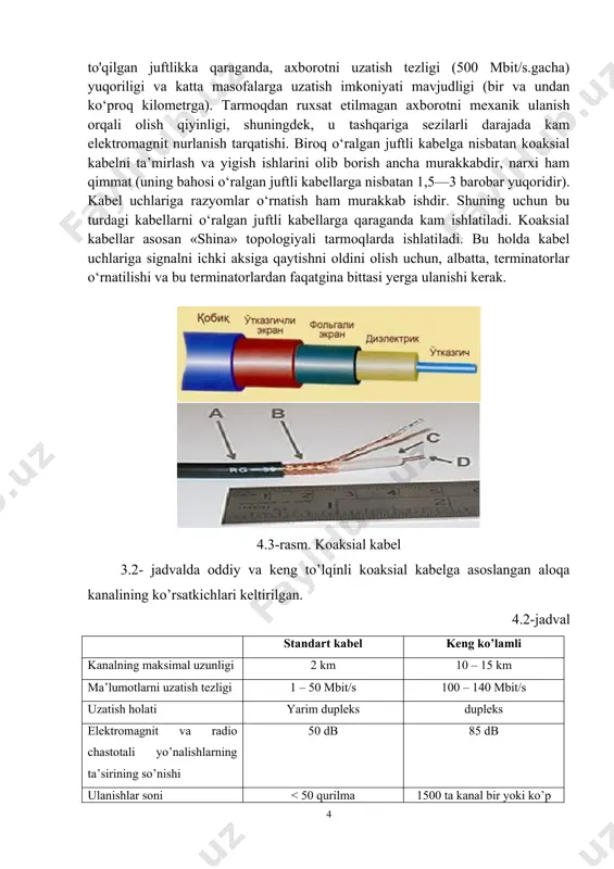h ham murakkab ishdir. shuning uchun bu turdagi kabellarni o‘ralgan juftli kabellarga qaraganda kam ishlatiladi. koaksial kabellar asosan «shina» topologiyali tarmoqlarda ishlatiladi. bu holda kabel uchlariga signalni ichki aksiga qaytishni oldini olish uchun, albatta, terminatorlar o‘rnatilishi va bu terminatorlardan faqatgina bittasi yerga ulanishi kerak. 4.3-rasm. koaksial kabel 3.2- jadvalda oddiy va keng to’lqinli koaksial kabelga asoslangan aloqa kanalining ko’rsatkichlari keltirilgan. 4.2-jadval standart kabel keng ko’lamli kanalning maksimal uzunligi 2 km 10 – 15 km ma’lumotlarni uzatish tezligi 1 – 50 mbit/s 100 – 140 mbit/s uzatish holati yarim dupleks dupleks elektromagnit va radio chastotali yo’nalishlarning ta’sirining so’nishi 50 db 85 db ulanishlar soni < 50 qurilma 1500 ta kanal bir yoki ko’p qurilmali ulanishli kanalga ega bo’lish csma/cd fdm/fsk juftli o’ram kabellari (tvisted pair) telefon simini eslatadi. u bitta kabel ichidagi izolyatsiyalangan va bir-biriga buralgan to’rtta juftlik mis simlardan iborat. ba’zan tashqi ta’sirdan himoya qilish uchun ular ekran bilan qoplanadi, …