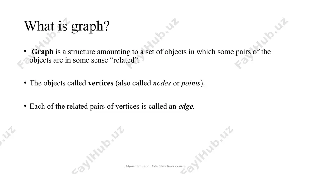 try to prove this at home. algorithms and data structures course what is graph? terminology graph is called connected if there is no vertex with deg = 0. each connected sub-graph is called component. a path in a graph is a sequence of edges which joins a sequence of vertices. for example, 4 3 2 5 a cycle is a path that begins and ends at the same vertex. for example, 3 2 1 3 algorithms and data structures course image1.png image2.png image3.png image4.png image5.png image6.png image7.png image8.png image9.png image10.png image11.png /docprops/thumbnail.jpeg