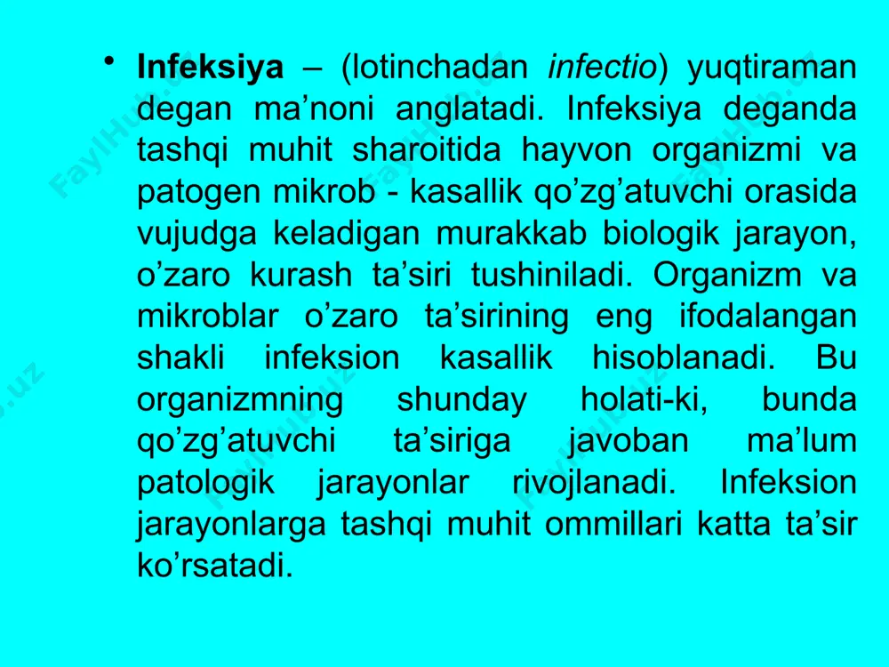 quzg’atuvchilari qon va turli organ xujayralarining pardalarini emiradigan letsitinaza fermentini ishlab chiqaradiki, bu mikrob yuqqan xayvonlarning tez xalok bo’lishiga olib keladi. infeksion kasalliklarning yuqish yo’llari infeksiya manbai tirik organizmdir, tirik organizmda kasallik quzg’atuvchisi o’zining xayot faoliyati va ko’payishi uchun hammadan ko’ra qulay sharoitlarni topadi va shu erdan tashqi muxitga chiqib turadi. infeksiya manbai sifatida kasal odamlar bilan xayvonlar hammadan ko’ra katta axamiyatga ega bo’ladi, bular kasallik juda avj olgan paytda bir talay quzg’atuvchilarni tashqariga chiqarib turadi. infeksion kasalliklarning qo’zgatuvchilari, mikroorganizmlarning xarakteristikasi patogen mikroblarning organizmga kira olish xususiyati yoki invazionligi biriktiruvchi to’qimani emira oladigan yoki xar xil xujayralarning po’stlarini parchalay oladigan fermentlar ishlab chiqarishiga bog’liq. infeksiya manbaiga qarab antroponoz, antropozoonoz va zoonoz infeksiyalar tafovut qilinadi. antroponoz infeksiyalar faqat odamni shikastlantiradi va bularda bemor yoki bakteriya tashuvchi infeksiya manbai bo’lishi mumkin. antroponoz infeksiyalarga korin tifi, dizenteriya, vabo, qizamiq, suzak, zaxm va boshqalar kiradi. antropozoonoz infeksiyalar odamga ham, xayvonlarga ham yuqa beradi. bularda …