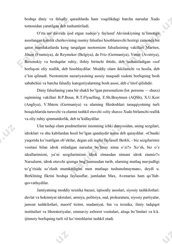 u. berklining fikrini boshqa faylasuflar, jumladan max, avenarius ham qo’llab-quvvatlaydilar. jamiyatning moddiy texnika bazasi, iqtisodiy asoslari, siyosiy tashkilotlari: davlat va hokimiyat idoralari, armiya, politsiya, sud, prokuratura, siyosiy partiyalar, jamoat tashkilotlari, maorif tizimi, madaniyat, fan va texnika, ilmiy tadqiqot institutlari va liboratoriyalar, ommaviy axborot vositalari, aloqa bo’limlari va h.k. ijtimoiy borliqning turli xil ko’rinishlarini tashkil etadi. borliq faqat moddiy shakldagina emas ma’naviy, ruhiy shaklda ham namoyon bo’ladi. ma’naviy borliqqa inson tomonidan yaratilgan rang-barang madaniyat va san’at asarlari, til, ilmiy kashfiyotlar, g’oyalar, axloq-odob qoidalari, falsafiy, estetik, badiiy, siyosiy, tafakkurlash madaniyati, ruhiy kechinmalar, diniy tasavvurlar tushunchalar va h.k majmui kiradi. kishilarning ichki holati, kechinmalari, his-tuyg’ulari, ruhiy, ma’naviy dunyosi, o’y-fikrlari, maqsad va masalalari hamda kayfiyatlari ham ma’naviy borliqning ko’rinishlaridir. yuqorida aytilganlardan ko’rinib turibdiki, borliq voqelikda mavjud bo’lgan barcha narsa va hodisalar, inson, jamiyat, kishilarning ichki dunyosi, ma’naviyatini ifodalaydigan keng qamrovli va sermazmun falsafiy tushunchadir. borliq shakllari (narsalar borlig’i, inson borlig’i, ijtimoiy borliq, ma’naviy borliq) …