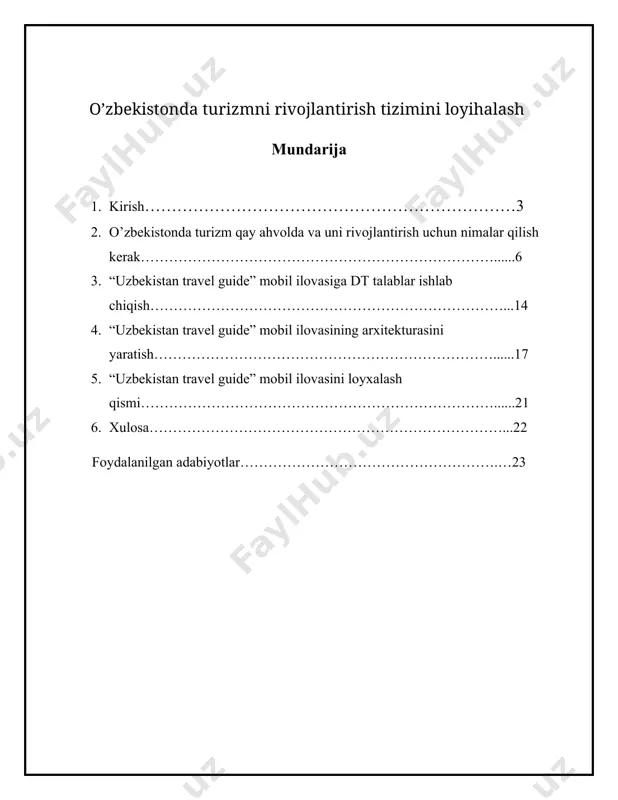 ni kezishi, boburning hindiston tomon sarguzashtlari va u yerda kechirgan hayotiy tafsilotlari sayr-sayohatning mazmunini yanada to’ldiradi. inson kamolotini ta’minlash, sihat-salomatligini doimiy ravishda yaxshilab borishda sayohatlarning (ko’l yoqalarida tunash, kemalarda yurish, tog’larga chiqish va hokazo) amaliy mohiyatlarini sharq tabobatining sultoni abu ali ibn sino ilmiy jihatdan o’rganib, ularni meros qilib qoldirganligi bugungi kunda muhim ahamiyatga egadir. yurtimizning geografik tuzilishi juda xilma-xildir. ya’ni sharqda tyan-shan tog’larining shohobchalari (davomi), janubda turkiston, hisor tog’lari o’rtada esa zarafshon, nurota tizma tog’larining suvli hamda ko’kalamzor maydonlarida aholi ko’proq yashaydi. shu sabab u yerlarda dam olish, hordiq chiqarish, sog’lomlashtirish maskanlari ko’plab qurilgan. respublikaning g’arb va shimol tomonlari cho’l-sahrolar bilan tutashgan bo’lsada past, yassi tog’lar bilan o’ralib, chimqo’rg’on, arnasoy, kattaqo’rg’on kabi suv omborlari, katta-kichik sun’iy ko’llarning nam havosi ekologik jihatdan tabiiy muvozanatni saqlab turadi. orol dengizi muammolari ham asta-sekin hal qilinish arafasidadir. respublikamizda turizmning shakllanishi va rivojlanishi haqida bir qator ilmiy-ommabop kitoblar, o’quv-uslubiy qo’llanmalar yaratilgan. ular orasida mutaxassis …