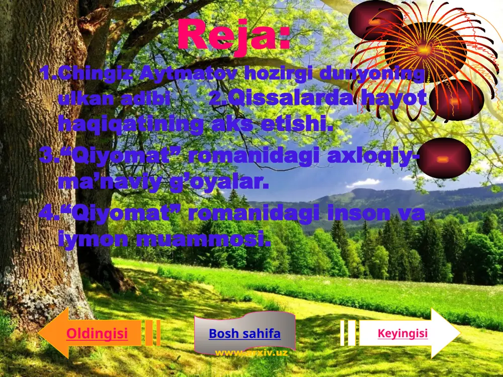 nga yo’l ochilishi munosabati bilan ularning uyasi joylashgan qamishzorga butkul o’t qo’yilishi tufayli besh bo’ri bolasining nobut bo’lishi: аkbara bilan toshchaynar toqqa qochgandan so’ng esa, bu yerda dunyoga kelgan to’rt bo’ri bolasining razil insoniy xislatlardan mahrum bozorboy tomonidan o’g’irlanib aroq olish uchun sotib yuborilishi: оbеr-qаndalov boshliq vaxshiy kishilar tomonidan mo’may pul topish ilinjida sayroqlarga qiron keltirishi va boshqalar tabiatni qiyomatga solayotgan hodisalar emasmi. oldingisi keyingisi bosh sahifa www.arxiv.uz www.arxiv.uz e’tiboringiz uchun rahmat!!! www.arxiv.uz www.arxiv.uz