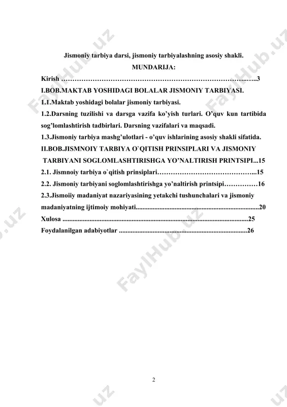 ‘sib kelayotgan yosh avlodni har tomonlama aqliy, axloqiy va jismoniy jihatdan rivojlantirishda jismoniy tarbiya va sport muhim ahamiyat kasb etadi va ularda mardlik, vatanparvarlik, sadoqat va halollik tuyg‘ularini shakllantirishda yordam beradi. jismoniy tarbiya nazariyasi va metodikasi o’quv predmetining mazmuni hozirgi kunda nisbatan mustaqil lekin, bir-biri bilan o’zaro uzviy bog’langan muammoli tsikllardan tashkil topgan bo’lib, oliy o’quv yurti mutaxassislaridan jismoniy tarbiya sohasi uchun maxsus kasb-hunarga ega bo’lgan ixtisoslikni puxta egallagan pedagogni tarbiyalashni nazarda tutadi. jismoniy madaniyat nazariyasi va amaliyotida prinsiplarning xilma-xil guruxlari mavjud. jismoniy madaniyat tizimining umumiy va metodik prinsiplari, jismoniy madaniyatning ayrim ko`rinishlari xususiyat larini ifodalovchi (masalan, sport trenirovkasi, kosmonavtlar, ut uchi ruvchilar trenirovkasi va xokazo) prinsiplari mavjud. ular bir-biri bilan o`zviy bog`liq bo`lib, prinsiplarning yagona tizimini tashqil eta di. eng avvalo, biz jismoniy madaniyat nazariyasining umumiy prinsiplari bilan tanishib chiqaylik. ular kuyidagilardan iborat: a) jismoniy madaniyatning mehnat va harbiy amaliyot bilan bog`liqligi; b) shaxsni har tomonlama rivojlantirish; v) jismoniy …