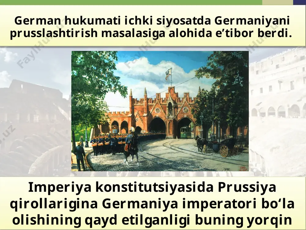 ing 25% ga yaqini yunkerlar (katta yer egalari) qo‘lida to‘plangan edi. germaniya qanchalik gurkirab rivojlanmasin, bu mamlakat ishchilari aqsh va buyuk britaniya ishchilariga nisbatan kam ish haqi olardi. 1912-yilgi parlament saylovida bu partiya 34,8% ovoz olishga muvaffaq bo‘ldi. bu muvaffaqiyat hukumatni ham yon berishga majbur etdi. gsdpning parlament yo‘li bilan kurash taktikasining asosida jamiyatdagi dolzarb, asosiy muammolarni islohot yo‘li bilan hal etish maqsadi yotar edi. savol va topshiriqlar 1. „germaniyani prusslashtirish“ iborasining mazmunini izohlab bering. 2. germaniya sotsial-demokratik partiyasi kimlarning manfaatini himoya qilgan va bu partiyaning siyosiy kurashida namoyon bo‘lgan ikki yo‘l haqida nimalarni bilib oldingiz? 3. gsdp mehnatkashlar manfaati uchun kurash yo‘lida qanday muvaffaqiyatlarga erishdi? image2.jpg image3.gif image4.jpeg image5.jpeg image6.jpeg image7.jpeg image8.jpeg image9.jpeg image10.jpeg image11.jpeg image12.jpeg image13.jpeg image14.jpeg image15.jpeg image16.jpeg image17.jpg image1.jpg