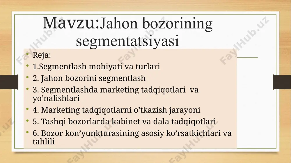 tvorini hisobga olgan holda segmentlash.(sotib oladigan tovar markasi (masalan, «tayd» poroshogi) ,sotib oladigan tovar guruhlari ) bozor segmentini aniqlashning uchta turi mavjud. uchinchi usul – iste’molchilar tavsifiga qarab segmentlash hisoblanadi.(demografik,geografik) bozor segmentini aniqlashning uchta turi mavjud. 2. jahon bozorini segmentlash tashqi bozorni ikki yo’nalish bo’yicha segmentlash mumkin makrodarajada – mamlakat yoki mintaqaning geografik joylashuvi, iqlimi, davlat tuzilishi, aholining zichligi, yosh va jinsiy tarkibi, ta’lim tizimi, madaniy qadriyatlar kabi ko’rsatkichlardan foydalaniladi; mikrodarajada – daromadni taqsimlash, mulkiy holat, xaridorlik odatlari kabi ko’rsatkichlar qo’llanadi eksportning tashkiliy shakllarini korxona faoliyati bilan bog’liq shartlar – cheklangan yoki kengaytirilgan maqsadlar, xalqaro bozor sharoitlarida ishlash tajribasining bor yoki yo’qligi, rivojlangan yoki yaxshi rivojlanmagan resurslar salohiyati (moliya, kadrlar tarkibi, ishlab chiqarish quvvatlari va hokazo). bozor shartlari – erkinlashtirilgan va markazlashmagan iqtisodiyot sharoitlarida faoliyat ko’rsatuvchi ilg’or yoki qoloq savdo tuzilmasiga ega bo’lgan ochiq yoki yopiq bozor; tovar bilan bog’liq shartlar – firma mahsuloti yoki oddiy tovar, texnik xizmat ko’rsatish …