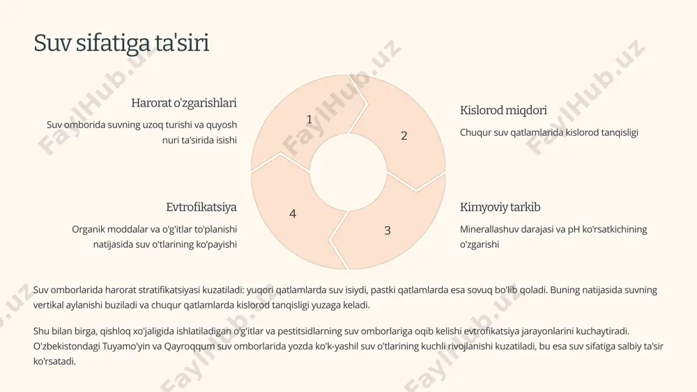 gi ekotizimlar uchun zarur suv miqdorini ta'minlash 3 adaptiv boshqaruv o'zgaruvchan sharoitlarga moslashish imkoniyatini beruvchi boshqaruv usullari 4 manfaatdor tomonlar ishtiroki suv ombori ta'sir doirasidagi barcha foydalanuvchilarni jalb qilish 5 integratsiyalashgan havza boshqaruvi suv omborini butun daryo havzasi miqyosida kompleks boshqarish zamonaviy suv omborlarini boshqarish usullari ekologik va ijtimoiy-iqtisodiy jihatlarni muvozanatlashtirishi zarur. ekologik oqimni ta'minlash konsepsiyasi daryo oqimining tabiiy rejimini iloji boricha saqlash imkonini beradi, bu esa quyi oqimdagi ekotizimlarning saqlanishiga yordam beradi. o'zbekistonda suv omborlarini boshqarish sohasida innovatsion yondashuvlar joriy etilmoqda. masalan, tuyamo'yin va andijon suv omborlarida zamonaviy monitoring tizimlari o'rnatilgan bo'lib, ular orqali suv sathi, sifati va oqimi to'g'risida real vaqt rejimida ma'lumotlar olinadi. 9 xulosa va kelajak istiqbollari suv omborlarining ahamiyati o'zbekistonda suv omborlari qishloq xo'jaligi, energetika va ichimlik suvi ta'minoti uchun hal qiluvchi ahamiyatga ega. suv omborlari orqali daryo oqimining tartibga solinishi sel va toshqin xavfini kamaytiradi, qurg'oqchilik davrida esa suv ta'minotini barqarorlashtiradi. ekologik muammolar biroq …