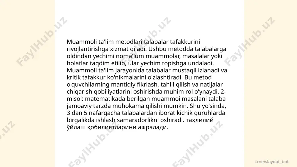 daydi va mustaqil ishlash qobiliyatlarini oshiradi. 5-modulli ta'lim tizimi doirasida talabalar o‘z vaqtlarini samarali boshqarishga o‘rganadilar va har bir modullarning oxirida baholanadilar, bu esa real vaqt rejimida bilim olish jarayonini mukammallashtirishga yordam beradi. quyidagi modullarni o‘z ichiga olishi mumkin: matematika, ona tili va adabiyoti, tabiiy fanlar, ijtimoiy fanlar va chet tili. har bir modulning davomiyligi o‘quv dasturining talablariga qarab farq qilishi mumkin. odatda, modul tugagach, talabalar amal qilishida nazoratlar o'tiladi va to'plangan ballar umumiy hisobga qo'shiladi. ... t.me/slaydai_bot 6. mavzu: matematik ta'limda muammoli vaziyatlar yaratish muammoli vaziyatlar o'quvchini mustaqil fikrlash va muammolarni yechishga yo'naltiradi. dars jarayonida real hayotiy vaziyatlar yordamida muammoli topshiriqlar yaratish samarali usul sanaladi. masalan, matematikadan umumiy ta'lim olib boradigan maktablardagi 70% o'quvchilar bunday darslarda bilimni amaliyotda qo'llash qobiliyatini rivojlantiradi. 17 yoshdan kichik o'quvchilar uchun muammoli vaziyatlar orqali taqdim etilgan topshiriqlar, ular uchun qiziqarli va ma'lumotli bo'lib, matematika faniga bo'lgan qiziqishni 55% ga oshirishi mumkin. shuningdek, bu usulning …