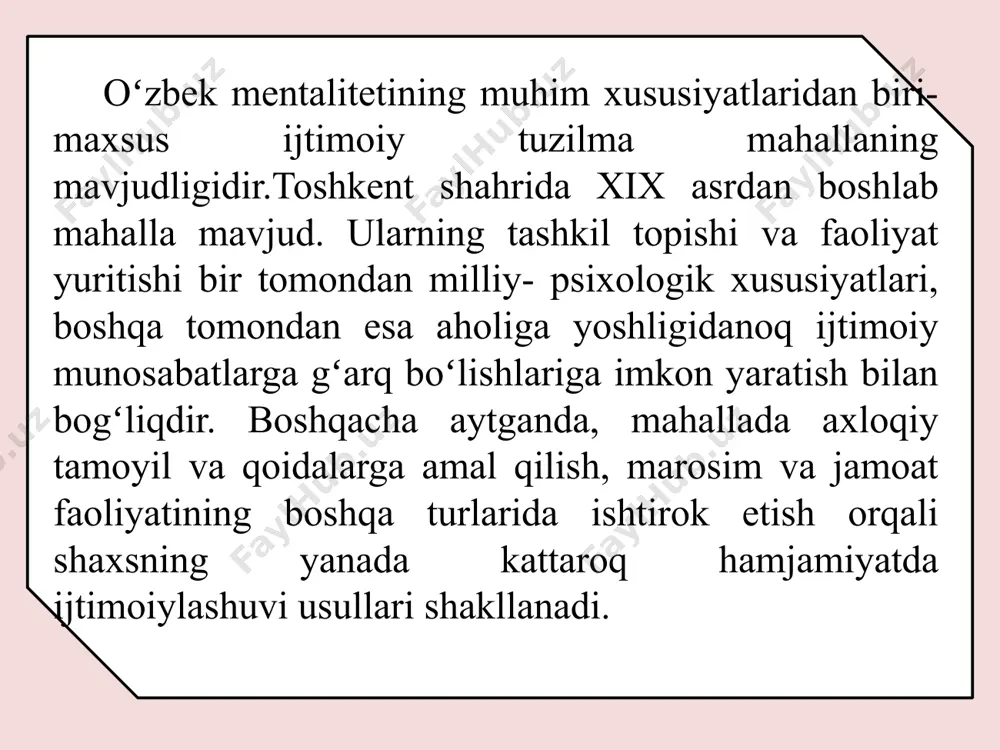 ajlislarida maktab intizomining jiddiy buzilishlari ham koʻrib chiqiladi. yoshlarga taʼsir koʻrsatishning bu rasmiy tarmoqlaridan tashqari jamoani nazorat qilishning anʼanaviy usuli ham saqlanib qolgan. har qanday mahallada boy hayotiy tajribaga ega odamlar mavjud. ularning asosiy vazifasi aholining anʼanaviy ahloq-odob qoidalariga rioya qilishlarini, bolalarning koʻchadagi yurish-turishini nazorat qilishdir ular har qanday odamga tanbeh berishlari mumkin, biroq bu ishni doimo ularning hurmatini saqlagan holda amalga oshiriladi. ota-onalarning bunday munosabatni qadrlashi taqsinga sazovor. shuning uchun “mahalla sening ham otang ham, onang” degan maqol mavjud. boshqa sohalarda namoyon boʻladigan milliy tiklanish, xalqning milliy oʻz-oʻzini anglashni faollashtirish orqali boʻladi. u sobiq sho‘ro davrida bu kabi anʼanalar to‘liq yoʻqolib ketmagan, balki ayrim oilalarda oʻzigi xos tarzda saqlanib qolgan va yoshlarga berilgan. bu ayniqsa, hayotning anʼanaviy turmush tarzini saqlab kelayotgan eski shahar mahallalarida yashovchilar orasida yaqqol namoyon boʻlgan. mahalla fuqarolarining yuqori savodxonlik va madaniy darajasi (yosh va oʻrta avlod, oʻrta yoki oliy maʼlumotga ega) badiiy ijodning keng rivojlanishi, …