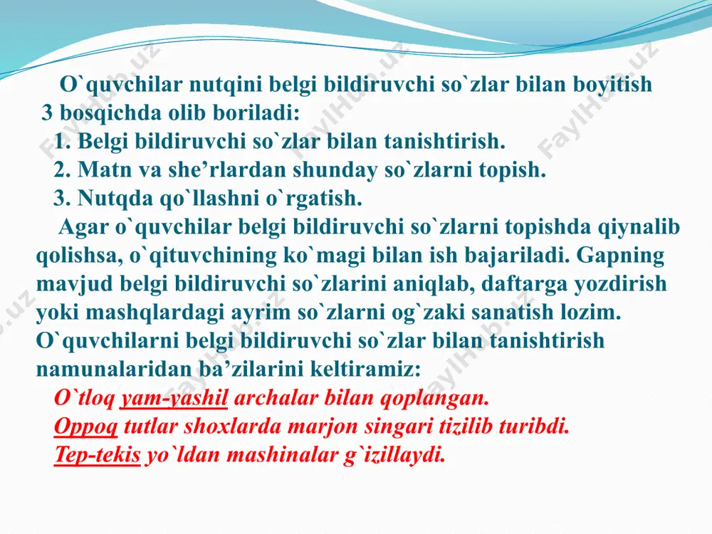 ashq orqali o`quvchilar gapda belgi bildirgan so`zlarni qo`llashni o`rganib oladilar. mana bu mashqda esa o`quvchilarga belgi bildirgan so`zlar beriladi va ular unga mos shaxs yoki narsa bildirgan so`zlar topib yozadilar. chiroyli, odobli, aqlli, shirinso`z, mahmadona, go`zal. chiroyli shahar, odobli o`quvchi, aqlli inson, shirinso`z ayol, mahmadona bola, go`zal qiz. bu mashq orqali o`quvchilar sifatni ot bilan birga qo`llay olishga o`rganadilar. biz bilamizki, topishmoqlarda narsa nomi yashiringan bo`lib, uning belgilariga qarab topiladi. shu bois, ayrim mashqlarda topishmoqlar berilgan bo`lib, javobini topish, qanday? so`rog`iga javob bo`lgan so`zlarning tagiga chizish topshiriladi. masalan: 1. o`zi shirin, tukligina, mazasi ham totligina. 2. oppoq sandiq ochildi, olamga nur sochildi. 146-mashqda esa aralash berilgan so`zlardan gaplar tuzib yozish berilgan bo`lib, o`quvchilarda gapni to`g`ri tuzish hamda gapda sifatlardan o`rinli foydalanish ko`nikmasi shakllantiriladi. issiq ko`m-ko`k sariq sho`x kunlar maysalar qoqigullar qushchalar boshlandi ko`kardi ochildi sayradi har bir ustunchadagi so`zlardan gaplar tuzdiriladi. issiq kunlar boshlandi. ko`m-ko`k maysalar ko`kardi. sariq qoqigullar ochildi. …