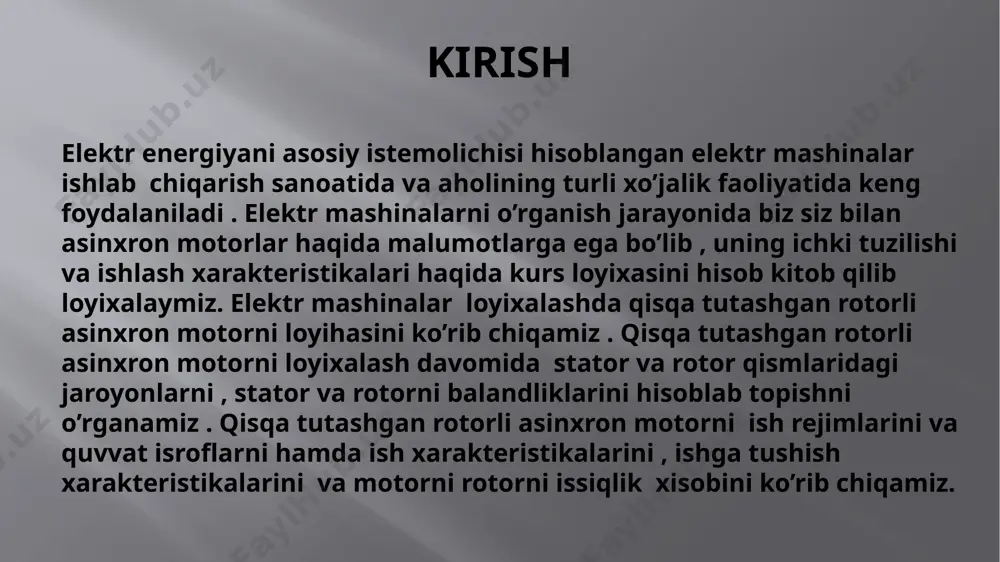 yuklama va magnit induksiyani aniqlash stator cho’lg’ami pazlari, o’ramlari soni va kesm yuzalarini tish qatlami va xavo oralig’i o’lchamlarini aniqlash tish bo’linmasining chegaraviy qiymatlarini 3-rasmdan va bo’lishi mumkin bo’lgan tishlar soni oralig’ini aniqladim: tz1max=13 mm va tz1min=12 mm. bu qiymatlar yordamida stator pazlarini aniqlab oldim z = 36ta . bu punktida asosan pazdagi oʻramlar sonini w=132 , elektromagnit yuklama a=26,326* a/m , mashina hovo oraligʻini magnit oqimini =7,6* vb va magnit induksiyalarni =0.918 tl hisobladim . stator choʻlgʻamidagi tok zichligini j1=6,27*10⁶ a/m² . 3-rasm . tish boʻlinmasining chegaraviy qiymatlari stator cho’lg’ami pazlari, o’ramlari soni va kesm yuzalarini tish qatlami va xavo oralig’i o’lchamlarini aniqlash stator tishining kengligi bz1=6,47 mm , stator pazining balandligi hp= 19,21mm va motorni statorini yuqori b1=9,44 mm va pastki tomoni uzunligi b2=6,43 mm , choʻlgʻam joylashdigan balandlik h1=17,24 mm va simlar joylashi uchun pazning koʻndalang kesim yuzasini s’p= 120,71mm² boʻldi. ish rejimining parametrlarini xisoblash ish rejimlari …