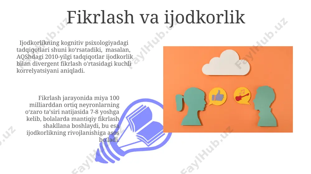 i koʻrsatdi. fikrlash va muammo yechish dunyo bo'ylab o'tkazilgan eksperimentlar ko'rsatdiki, ijodiy fikrlashni rivojlantirish uchun, o'rtacha 1500 soatdan ortiq amaliyot talab etiladi, bu esa muammo yechish ko'nikmalarini sezilarli darajada yaxshilaydi. muammo yechishda, masalan, "vena"da o'tkazilgan tadqiqotlar, kognitiv qidiruv strategiyasidan foydalanish samaradorligini 30% ga oshirishini ko'rsatdi. til rivojlanishining psixologiyasi til rivojlanishining boshlangʻich bosqichlarida, taxminan 1-2 yoshgacha, bolalar 50 ga yaqin soʻzlarni oʻzlashtirib, bir soʻzli gaplarni qoʻllaydilar, bu esa vygotskiy nazariyasi doirasida yaqqol namoyon boʻladi. psixolingvistik tadqiqotlar natijalariga koʻra, 7 yoshga kelib, bolalarning nutq faoliyati sezilarli darajada rivojlanib, ular 2000 dan ortiq soʻzlarni faol qoʻllaydilar va murakkab sintaksis tuzilmalarini tushunadilar. fikrlashning psixologik xususiyatlari fikrlashning tezligi individual farqlanadi, masalan, 10 yoshli bolaning fikrlash tezligi 25 yoshli yigitnikidan farq qiladi va bu miya faoliyatining psixofiziologik xususiyatlariga bog'liq bo'lib, londondagi tadqiqotlar buni tasdiqlaydi. fikrlash jarayonida xotira va e'tiborning muhim roli bor. masalan, 7 ± 2 birlik ma'lumotni qisqa muddatli xotirada ushlab turish mumkin, bu esa …
