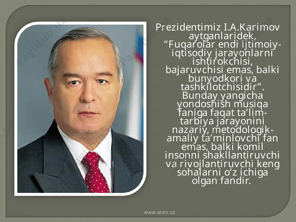 iy dasturi”, o’zbekiston respublikasining prezidenti i.a.karimovning ta’lim, ma’naviyat, san’at tarbiyasiga oid farmonlari, asarlari, taniqli olimlarning ma’naviyatga oid fikrlari va ilmiy tadqiqot ishlarining hulosalariga tayanadi. www.arxiv.uz www.arxiv.uz musiqa madaniyati darslarida yangi texnologiyalardan foydalanildi, dolzarb muammo ekanligi ilmiy jihatdan aniqlandi. yangi texnologiyalarga yo’naltirilgan dars ishlanma ishlab chiqildi. www.arxiv.uz www.arxiv.uz 1.1. jahon kompozitorlarining musiqa san`ati 1.2. lyudvig van betxoven ijodi va musiqiy asarlaridan namunalar 1.3. volfgang amadey motsartning ijodi va musiqiy asarlaridan namunalar www.arxiv.uz www.arxiv.uz evropa musiqasi shakllanishi nuqtai-nazardan juda katta bosqichni bosib o’tgan va hozirga qadar rivojlanib kelmoqda. evropa mumtoz musiqasining opera, kontata, oratoriya, balet, simfoniya, uvertyura, sonata kabi ko`p ovozli janrlariga xos ilk namunalari o`rta asrlarda paydo bo`lgan. www.arxiv.uz www.arxiv.uz ’’musiqa insonlar qalbidan olov olishi kerak’’-degan edi buyuk kompozitor betxoven. bu prometiyona shior betxovenning san`at oldiga qo`ygan vazifalarining naqadar ulug`vov ekanligini tasavvur qilishga imkon beradi. www.arxiv.uz www.arxiv.uz www.arxiv.uz betxoven yaratgan asarlar simfoniya uvertyura birinchi c-dur op.21 1800 ikkinchi d-dur op. 36 …
