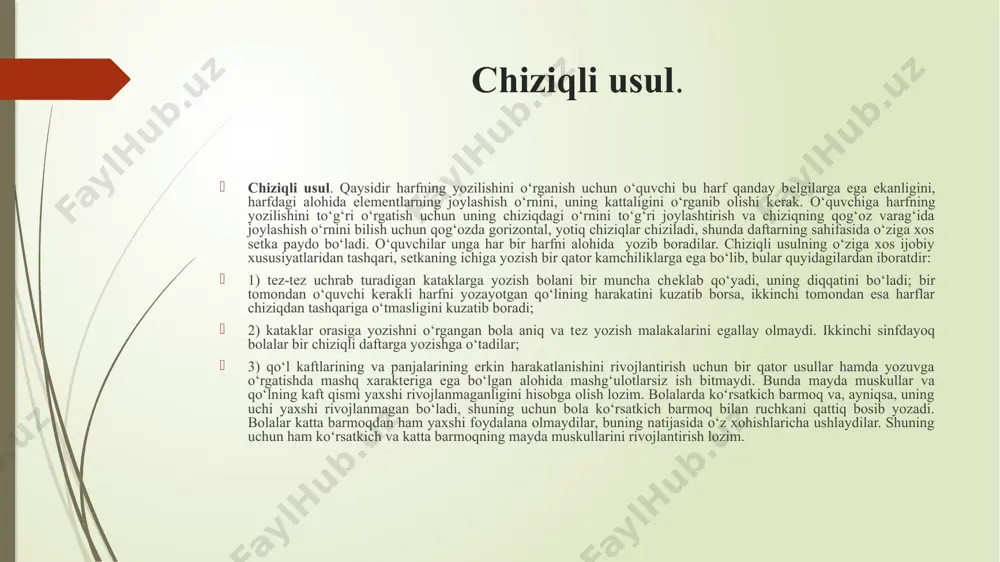 fga o‘tadi, so‘ng qandaydir shtrixni yoki alohida bir unsurni qo‘shish orqali yangi harflarni, tuzilishi jihatidan murakkabroq bo‘lgan harflarni o‘rganishga o‘tadilar. alohida unsurni o‘rganganlaridan so‘ng, alohida harflarga ega bo‘lan yozuvga, undan kеyin so‘z yozishga o‘tiladi. bu quyidagi tartibda amalga oshiriladi: 1. o‘qituvchi ayni vaqtda yozuv bilan shug‘ullanishlarini aytib o‘tadi, o‘quvchilar mashg‘ulotga kеrak bo‘ladigan narsalarni tayyorlab qo‘yadilar. 2. undan kеyin o‘qituvchi sinf doskasidagi harf yoki so‘zning yozilish tartibini tushuntirib bеradi, o‘quvchilar esa o‘qituvchining yozish jarayonidagi qo‘l harakatlarini takrorlab borishlari lozim. 3. o‘qituvchi tomonidan aytilgan so‘z o‘quvchilar bilan o‘qib chiqiladi va "havoda yozish" mashqlari bir nеcha bor takrorlanadi. bunday tayyorgarlik mashqlaridan so‘ng o‘quvchilar daftarga yozishga o‘tadilar. agarda o‘quvchi yozish jarayonida qandaydir bir unsurni yoki biron - bir harfni yozishda qiynalsa, uning ustida ishlashga vaqt ajratiladi va yozishda qiynalayotgan u yoki bu unsurni yoki harfni yozishni mashq qildirish va uni yaxshilab o‘zlashtirib olingandan so‘ng, yoza boshlangan so‘zni davom ettirishga kirishiladi. yozish malakasini egallab borishga …