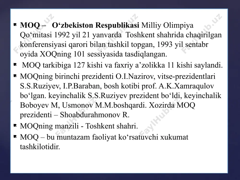 iyasi (uzroa) rasmiy ravishda ta’sis etildi. o‘zroa faoliyati uning saylangan prezidenti, ijroqo‘m direktorii tomonidan boshqariladi. o‘zroa ijroqo‘mda (nizomga muvofik) 12 kishi, ya’ni yetuk olimlar, o‘kituvchilar, murabbiylar, olimpiya harakatining namoyondlari jamoatchilik asosida faoliyat ko‘rsatadilar. o‘zroa o‘z faoliyatini, asosan, olimpiya, olimpiya harakati, olimpiya o‘yinlarining ommalashtirishga qaratgan. 1996 yil olimpiya talimi tizimining tashkiliy va ilmiy - uslubiy asoslarini yaratishning hal qiluvchi jarayoni amalga oshirildi. yani turli hududlarda xalqaro olimpiya akademiyasi bilan o‘zaro aloqalar taminlandi. 1997-2000 yillar olimpiya harakati va o‘yinlari bilan bog‘liq ilmiy - amaliy anjumanlar o‘tkazildi. yozgi olimpiada o‘yinlarida o‘zbekistonlik sportchilar ilk bor 1996 yili atlantada (aqsh) bo‘lib o‘tgan olimpiada o‘yinlarida ishtirok etganlar. o‘tgan davr mobaynida atlanta, sidney, afina, pekin va london shaharlarida o‘tkazilgan. olimpiada o‘yinlarida jami 333 nafar yurtdoshimiz vatanimiz sharafini himoya qilib, 5 ta oltin, 5 ta kumush va 11ta bronza medallariga sazovor bo‘lishgan. 1996 yil atlanta (aqsh) 26 – yozgi olimpiada o‘yindarida vatanimiz sharafini 76 nafar sportchilarimiz sportning 13 …