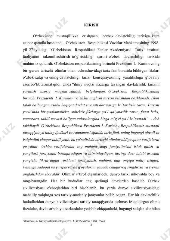 `ri yo`l ko`rsatadi”[footnoteref:1] - deb takidlaydi. o‘zbekiston respublikasi prezidenti i. karimov respublikamiz mustaqil taraqqiyot yo'lining ijodkori va rahnamosi sifatida tarix fani, uning bugungi ahvoli va istiqbolini chuqur tahlil yetib, bu yo'nalishda tarixchi olimlar oldiga qator vazifalarni qo‘ydilar. ushbu vazifalardan eng muhimi-yangi jamiyatimizni isloh qilish va yangilash jarayonini boshqaradigan va ta’minlaydigan, hozirgi davr talabi asosida yangicha fikrlaydigan yoshlami tarbiyalash, muhimi, ular ongiga milliy istiqlol, vatanga sadoqat va yurtparvarlik g'oyalarini yanada chuqurroq singdirish va tyeran anglatishdan iboratdir. olimlar e’tirof etganlaridek, dunyo tarixi nihoyatda boy va rang-barangdir. har bir hududlar eng qadimgi davrlardan boshlab o`zbek sivilizatsiyasi o'choqlaridan biri hisoblanib, bu yerda dunyo sivilizatsiyasidagi mahalliy xalqlarga xos tarixiy-madaniy jarayonlar bo'lib o'tgan. har bir davlatchilik hududlaridan dunyo sivilizatsiyasi tarixiy taraqqiyotida o'chmas iz qoldirgan olimu fuzalolar, davlat arbobiyu, sarkardalar yetishib chiqqanlarki, bugungi xalqlar ular bilan xaqli ravishda faxrlansa arziydi. hukumatlar tashabbusi bilan o`zbekiston tarixi chuqur o`rganila boshlandi. shu jumladan o`zbek davlatchiligi tarixidagi madaniyatning 20-30- yillar davri …