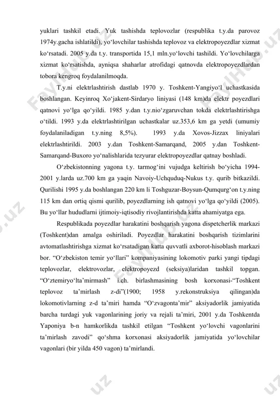 boshqarish yagona dispetcherlik markazi (toshkent)dan amalga oshiriladi. poyezdlar harakatini boshqarish tizimlarini avtomatlashtirishga xizmat ko‘rsatadigan katta quvvatli axborot-hisoblash markazi bor. “o‘zbekiston temir yo‘llari” kompaniyasining lokomotiv parki yangi tipdagi teplovozlar, elektrovozlar, elektropoyezd (seksiya)laridan tashkil topgan. “o‘ztemiryo‘lta’mirmash” i.ch. birlashmasining bosh korxonasi-“toshkent teplovoz ta’mirlash z-di”(1900; 1958 y.rekonstruksiya qilingan)da lokomotivlarning z-d ta’miri hamda “o‘zvagonta’mir” aksiyadorlik jamiyatida barcha turdagi yuk vagonlarining joriy va rejali ta’miri, 2001 y.da toshkentda yaponiya b-n hamkorlikda tashkil etilgan “toshkent yo‘lovchi vagonlarini ta’mirlash zavodi” qo‘shma korxonasi aksiyadorlik jamiyatida yo‘lovchilar vagonlari (bir yilda 450 vagon) ta’mirlandi. respublikada t.y. qurilishini loyihalash ishlarini toshkent transport loyihalash ishlarini toshkent transport loyihalash qidiruv in-ti (tashgiprotrans, 1952) va toshkent t.y. loyihalash-qidiruv in-ti (“toshtemiryo‘lloyiha”, 1969) olib boradi. t.y. transporti uchun injener va texnik xodimlar “o‘zbekiston temir yo‘llari” kompaniyasining toshkent t.y. muhandislari in-ti (1931), toshkent (1932), samarqand (1932), xovos (1979) t.y. transporti kollejlarida tayyorlanadi. avtomobil transporti. respublika xalq xo‘jaligining barcha tarmoqlari va mamlakat aholisi ehtiyojlarini qondirish darajasida rivojlangan avtomobil transportiga …