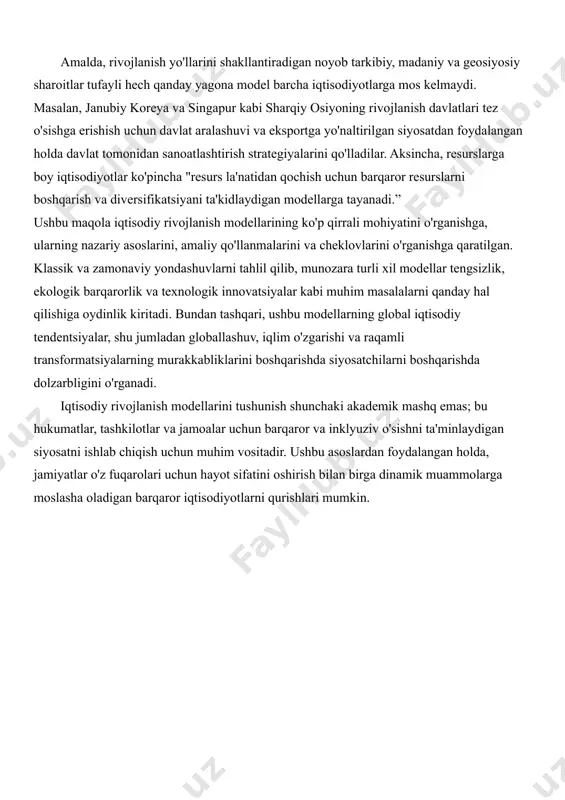 labki iqtisodchilar adam smit, devid rikardova tomas maltus iqtisodiy taraqqiyotni tushunish uchun asos yaratdi: - **adam smitning mutlaq ustunlik nazariyasi**: smitning ta'kidlashicha, xalqlar ixtisoslashuv va savdodan mahsulot ishlab chiqarishdagi mutlaq ustunliklariga qarab foyda ko'radi. mehnat taqsimoti orqali samaradorlikni oshirish orqali iqtisodiyotlar katta samaradorlik va boylikka erishishlari mumkin edi. - **rikardiyaning qiyosiy ustunligi**: devid rikardo smitning fikrlarini kengaytirib, qiyosiy ustunlik tushunchasini kiritdi. agar millat barcha tovarlarni ishlab chiqarishda unchalik samarasiz bo'lsa ham, u eng kichik alternativ xarajatlarga ega bo'lgan mahsulotlarga e'tibor qaratishi va shu bilan global iqtisodiy farovonlikni oshirishi kerak. - **maltus nazariyasi**: tomas maltus iqtisodiy o'sishning potensial chegaralarini ta'kidlab, aholining o'sishi resurslar mavjudligidan oshib ketishi va turg'unlikka olib kelishi mumkinligi haqida ogohlantirdi. keyinchalik tanqid qilingan bo'lsa-da, uning nazariyasi resurslar, aholi va iqtisodiy barqarorlik o'rtasidagi o'zaro bog'liqlikni ta'kidladi. iqtisodiy rivojlanishning neoklassik nazariyalari neoklassik nazariyalar bozor mexanizmlarini, texnologik taraqqiyotni va kapital to'planishini ta'kidlab, o'sishni tushuntirish uchun matematik qat'iylik va rasmiy modellarni kiritdi. …