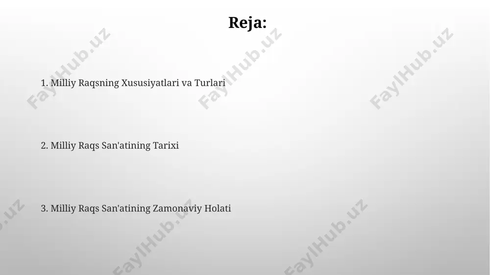 ahna madaniyatini oʻrgatadi. zamonaviy milliy raqs san'atida 20 dan ortiq turli xil raqs uslublari mavjud boʻlib, ularning har biri oʻzining noyob xoreografiyasi va musiqiy ohanglari bilan ajralib turadi. raqs turlarining xilma-xilligi raqs ijrochilarining yoshi va jinsi ham xilma-xillikni aks ettiradi, 3 yoshdan 70 yoshgacha boʻlgan ijrochilar professional va havaskor darajalarda 100 dan ortiq turdagi raqslarni namoyish etadilar. raqs turlarining geografik tarqalishi oʻzbekistonning 12 viloyati va toshkent shahrida 50 dan ortiq turli xil raqs turlarining mavjudligini koʻrsatadi, ularning har biri oʻziga xos xususiyatlarga ega. raqs ijrochilarining mahorati raqsning estetik jihati, kostyumlarning 3 dan ortiq ranglar uyg'unligi, sahna dizayni va yoritishning muvofiqligi bilan 70% ga ta'sir qiladi. ijrochilarning musiqiylik tuyg'usi va improvizatsiya qilish qobiliyati, har bir ijroda 20 ga yaqin turli xil ritm va ohanglarni birlashtirish orqali namoyon bo'ladi. e'tiboringiz uchun rahmat @taqdimot_robot image3.png image4.jpg image5.jpg image6.jpg image7.jpg image8.jpg image9.jpg image10.jpg image1.png